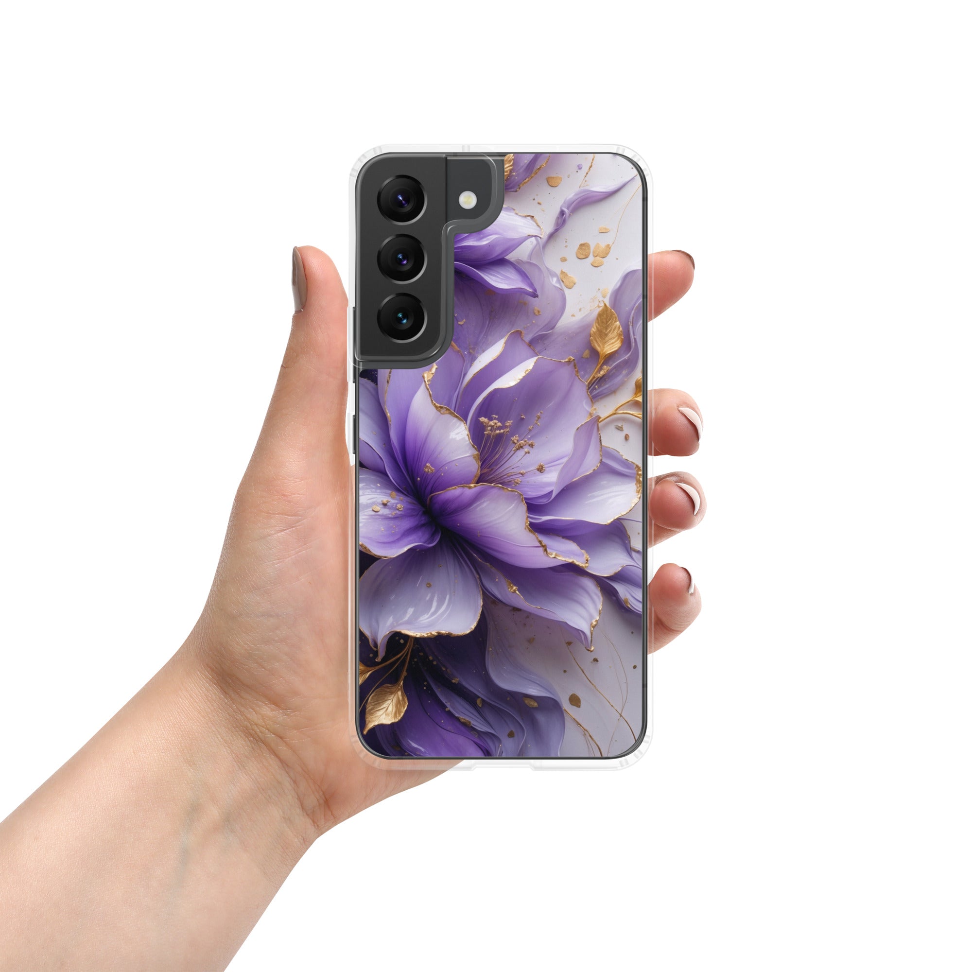 Purple Floral Gold Clear Case for Samsung Galaxy S22 – Elegant Flower Protective Cover