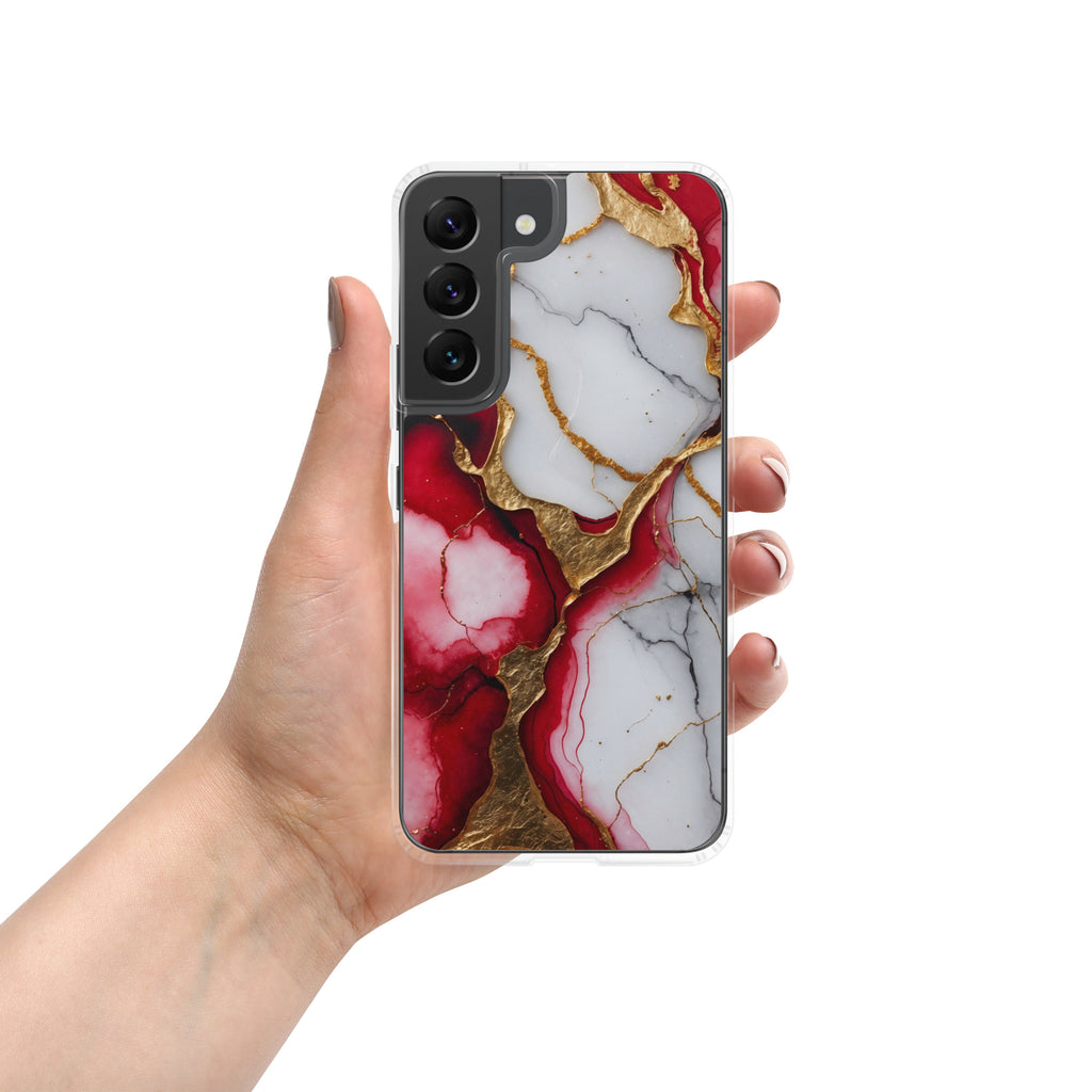 Red Marble Gold Veins Clear Case for Samsung Galaxy S22 – Luxury Abstract Protective Cover