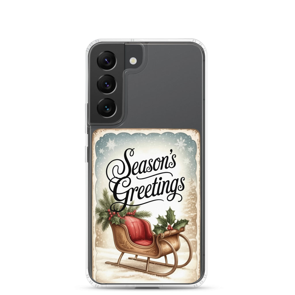 Season’s Greetings Sleigh Clear Case for Samsung Galaxy S22 – Vintage Christmas Protective Cover