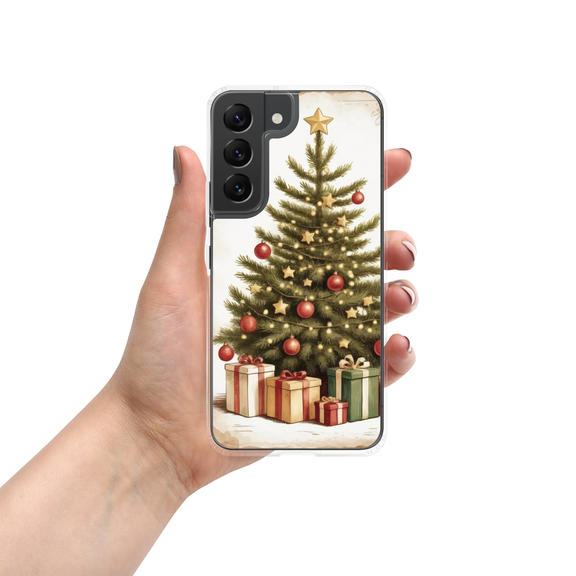 Christmas Tree with Gifts Clear Case for Samsung Galaxy S22 – Festive Holiday Protective Cover