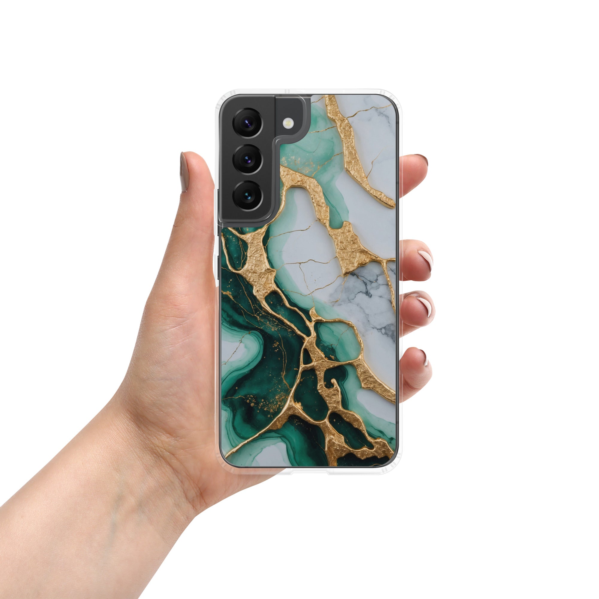 Emerald Green Marble Gold Veins Clear Case for Samsung Galaxy S22 – Luxury Stone Protective Cover