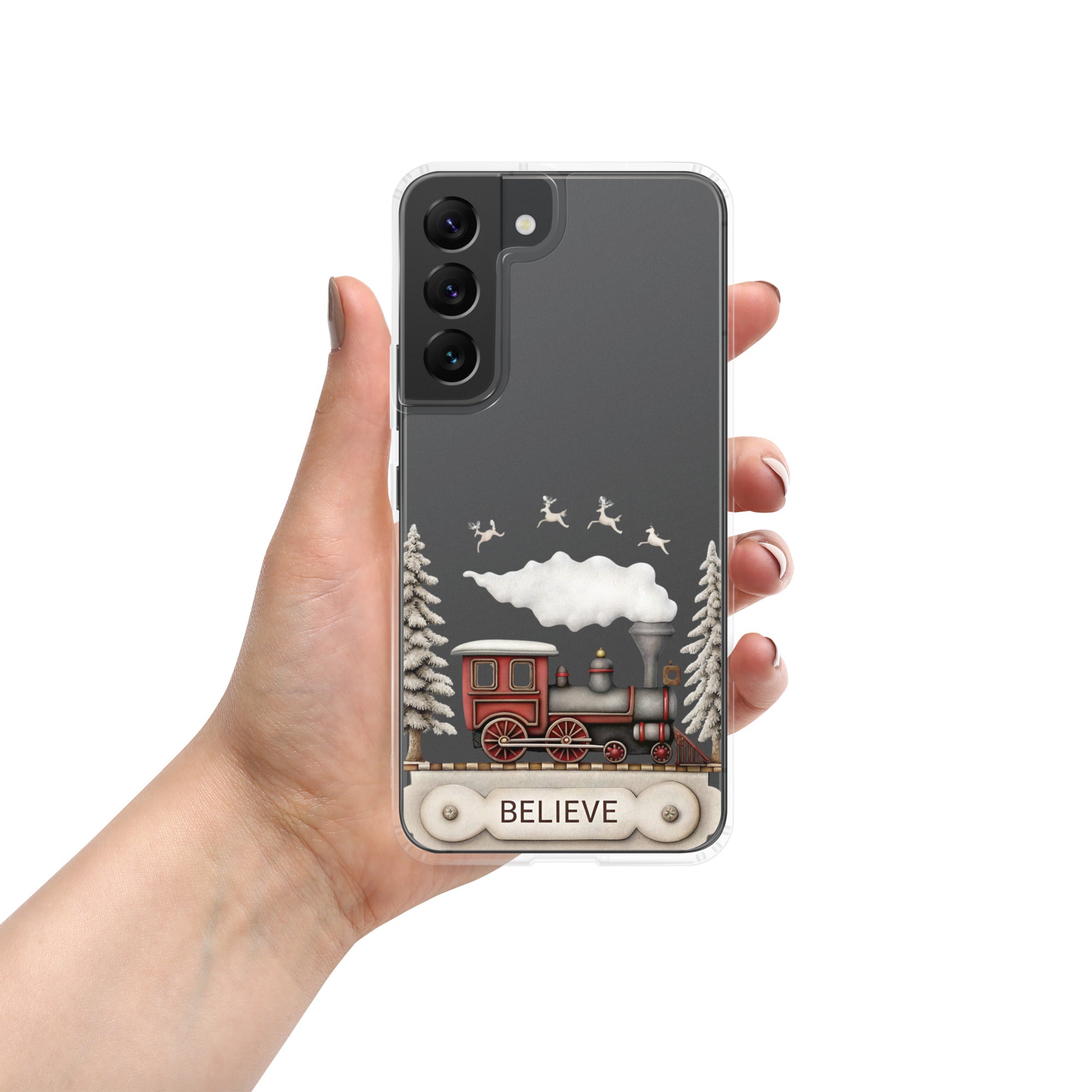 Believe Winter Train Clear Case for Samsung Galaxy S22 – Minimal Christmas Protective Cover