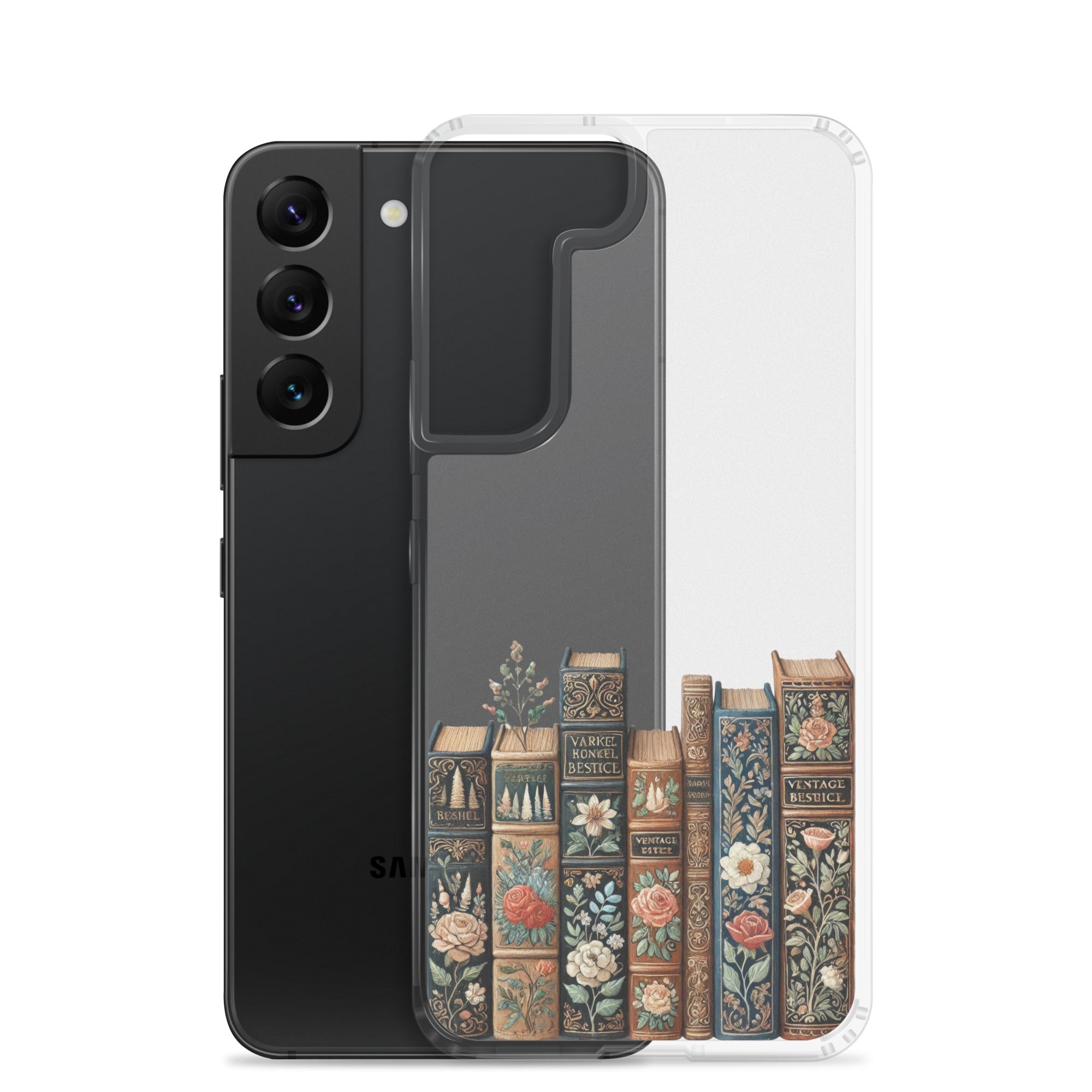 Vintage Floral Books Clear Case for Samsung Galaxy S22 – Elegant Library-Inspired Protective Cover