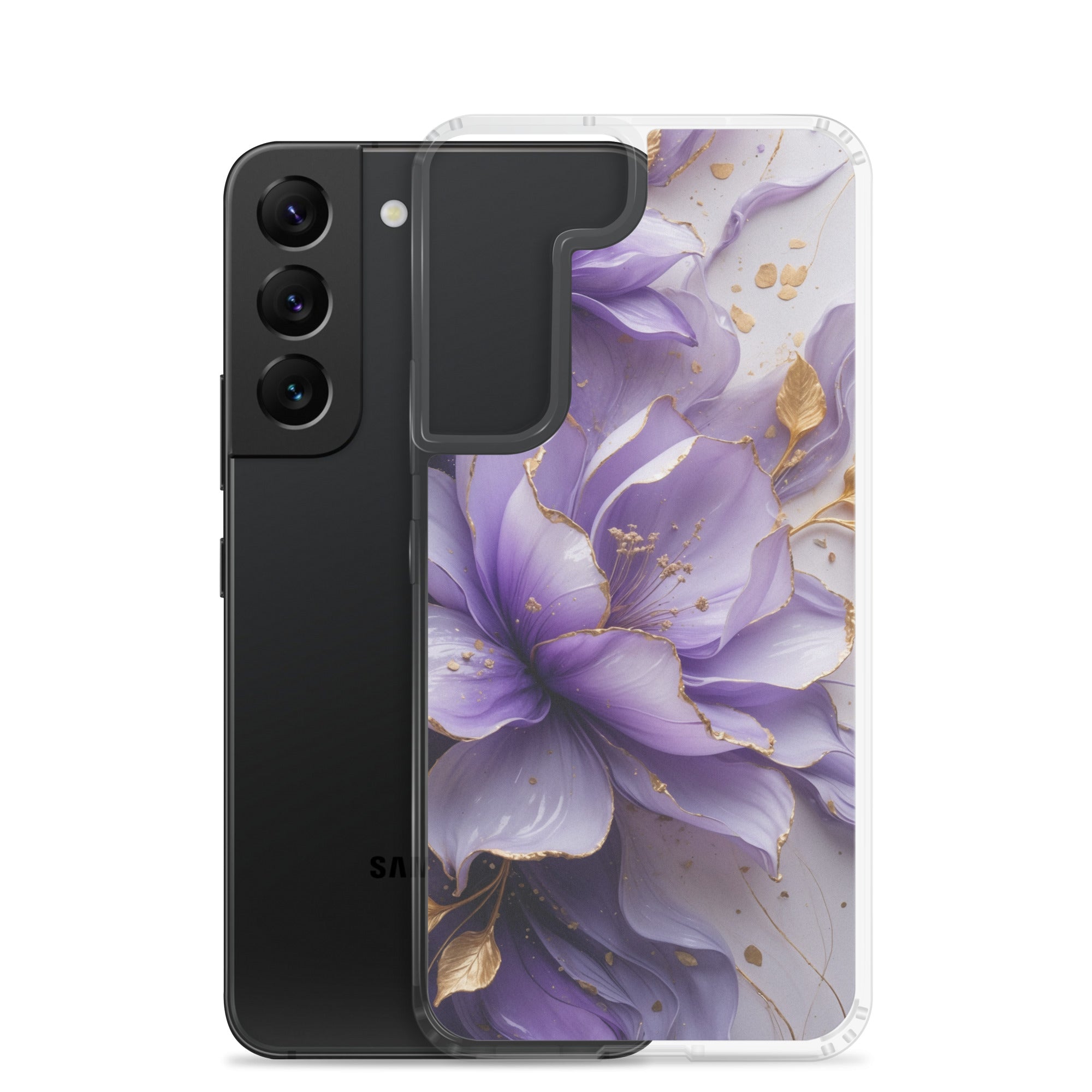 Purple Floral Gold Clear Case for Samsung Galaxy S22 – Elegant Flower Protective Cover