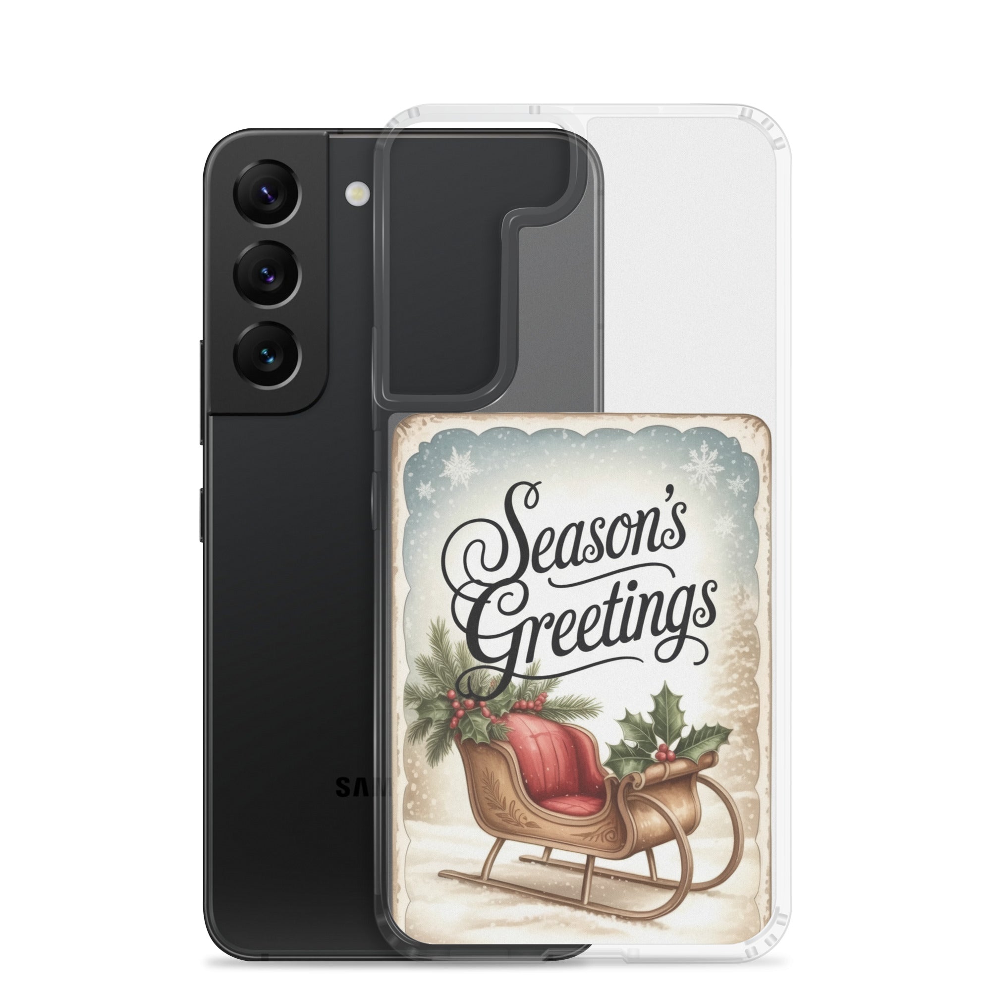 Season’s Greetings Sleigh Clear Case for Samsung Galaxy S22 – Vintage Christmas Protective Cover