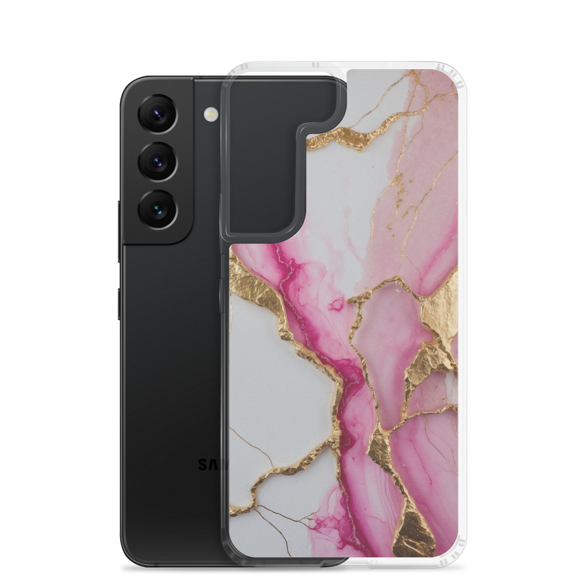 Pink Marble Gold Veins Clear Case for Samsung Galaxy S22 – Elegant Stone Protective Cover