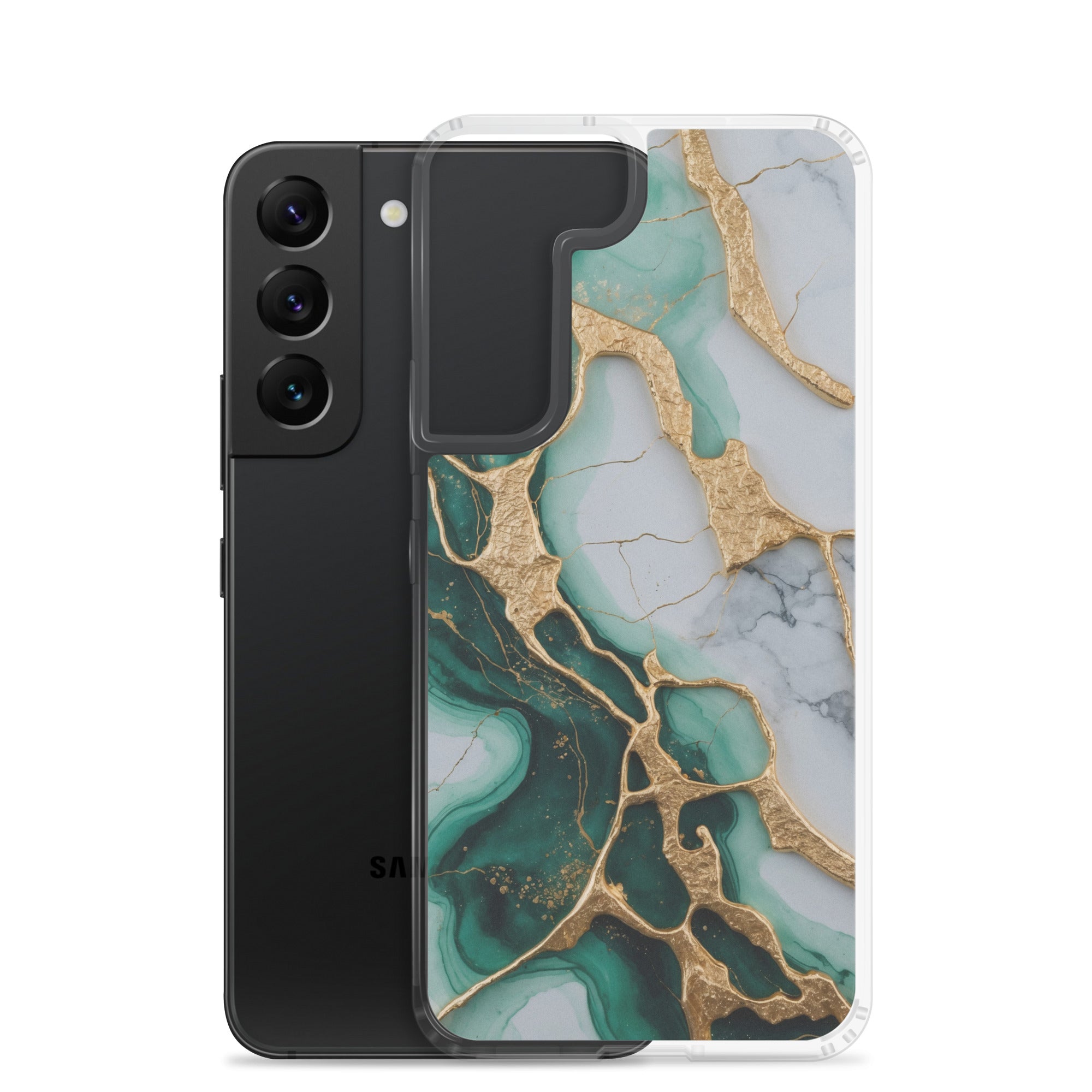 Emerald Green Marble Gold Veins Clear Case for Samsung Galaxy S22 – Luxury Stone Protective Cover