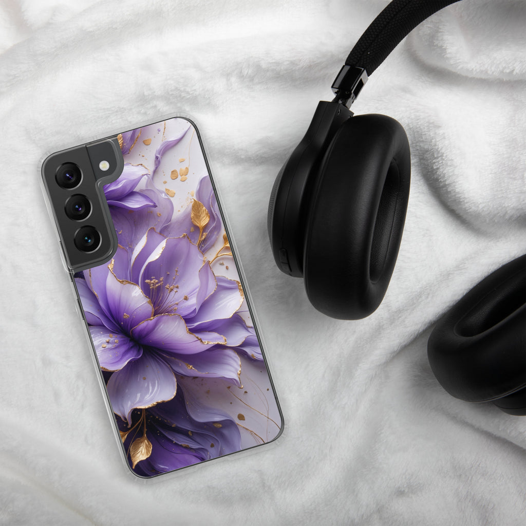 Purple Floral Gold Clear Case for Samsung Galaxy S22 – Elegant Flower Protective Cover