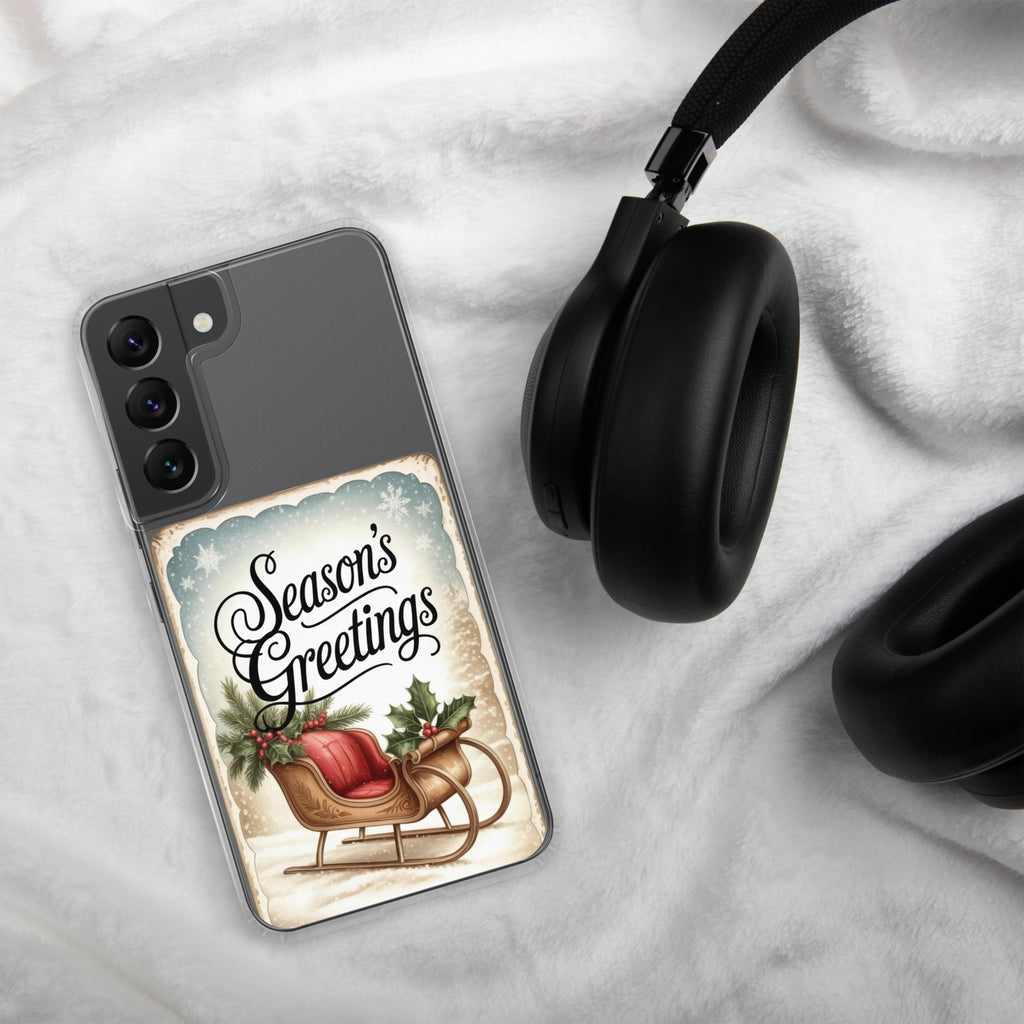 Season’s Greetings Sleigh Clear Case for Samsung Galaxy S22 – Vintage Christmas Protective Cover