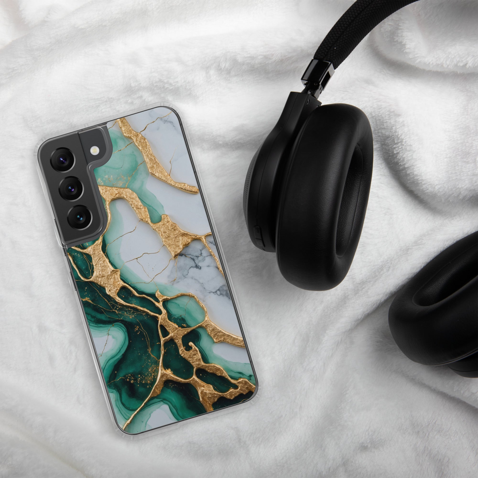 Emerald Green Marble Gold Veins Clear Case for Samsung Galaxy S22 – Luxury Stone Protective Cover