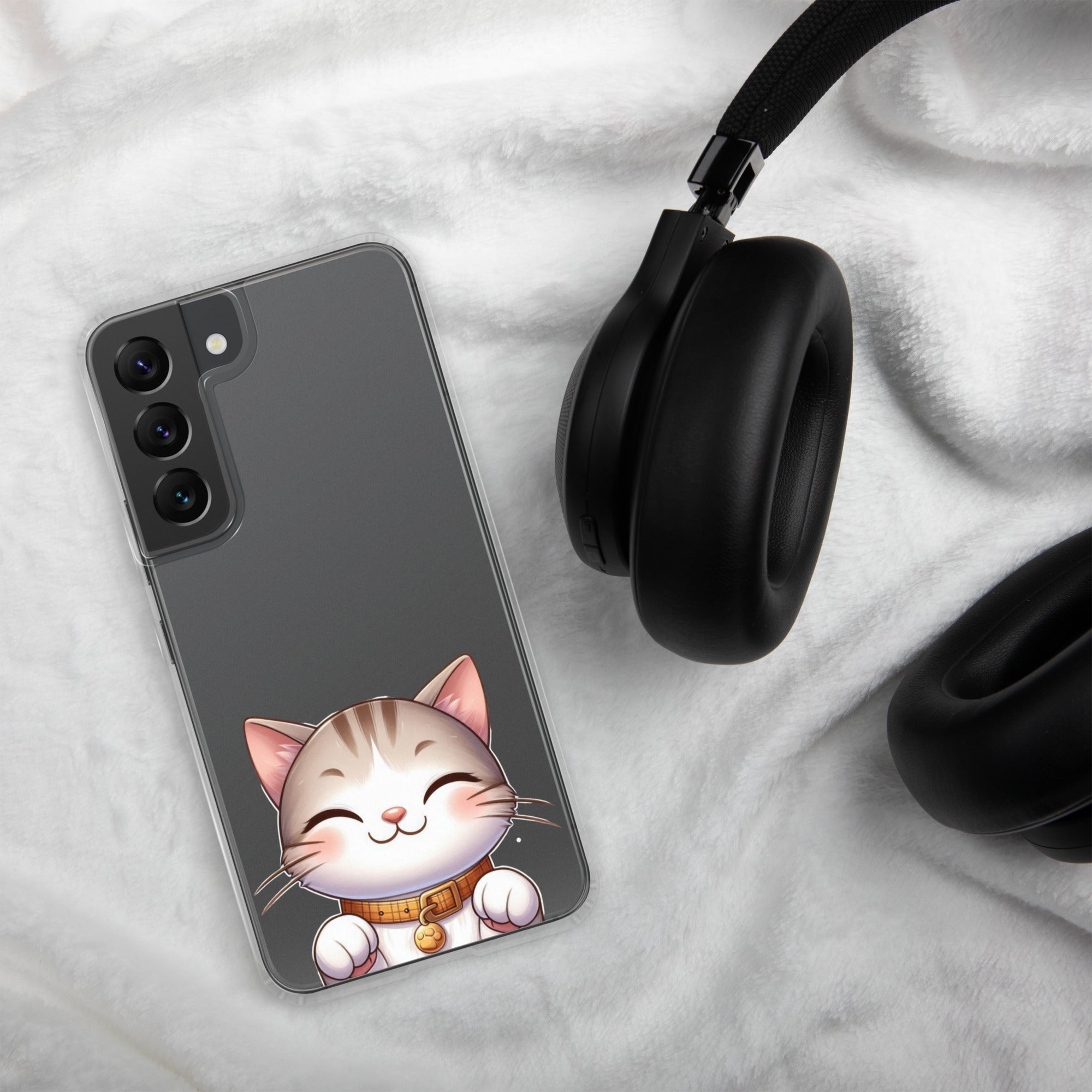 Cute Smiling Cat Clear Case for Samsung Galaxy S22 – Minimal Kawaii Protective Cover