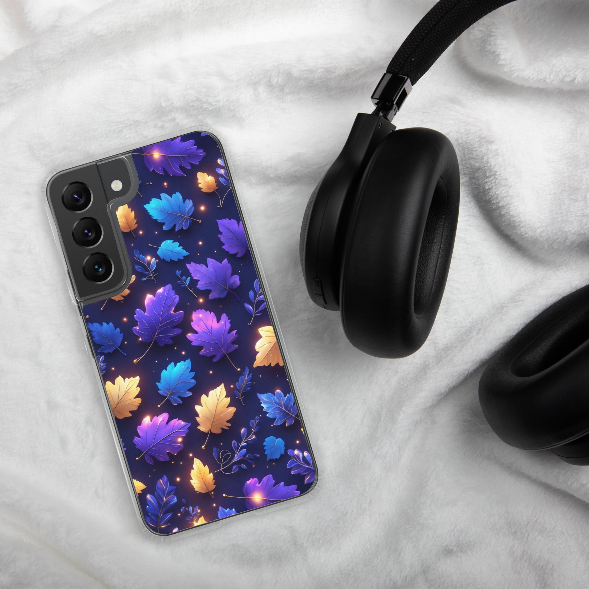 Glowing Autumn Leaves Clear Case for Samsung Galaxy S22 – Colorful Night Nature Protective Cover
