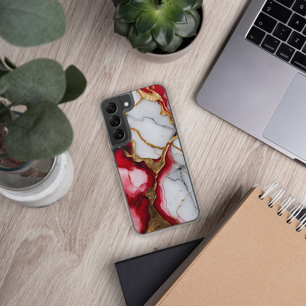 Red Marble Gold Veins Clear Case for Samsung Galaxy S22 – Luxury Abstract Protective Cover
