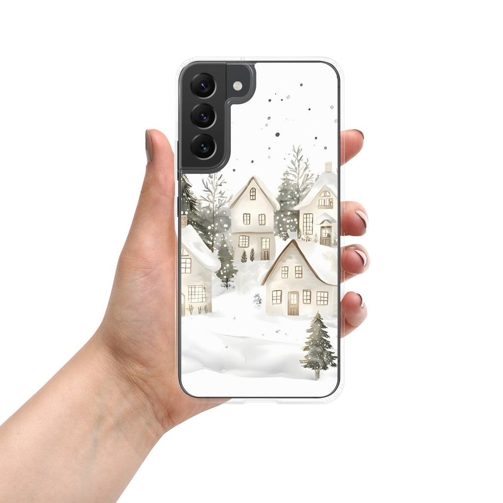 Snowy Winter Village Clear Case for Samsung Galaxy S22 Plus – Cozy Holiday Protective Cover