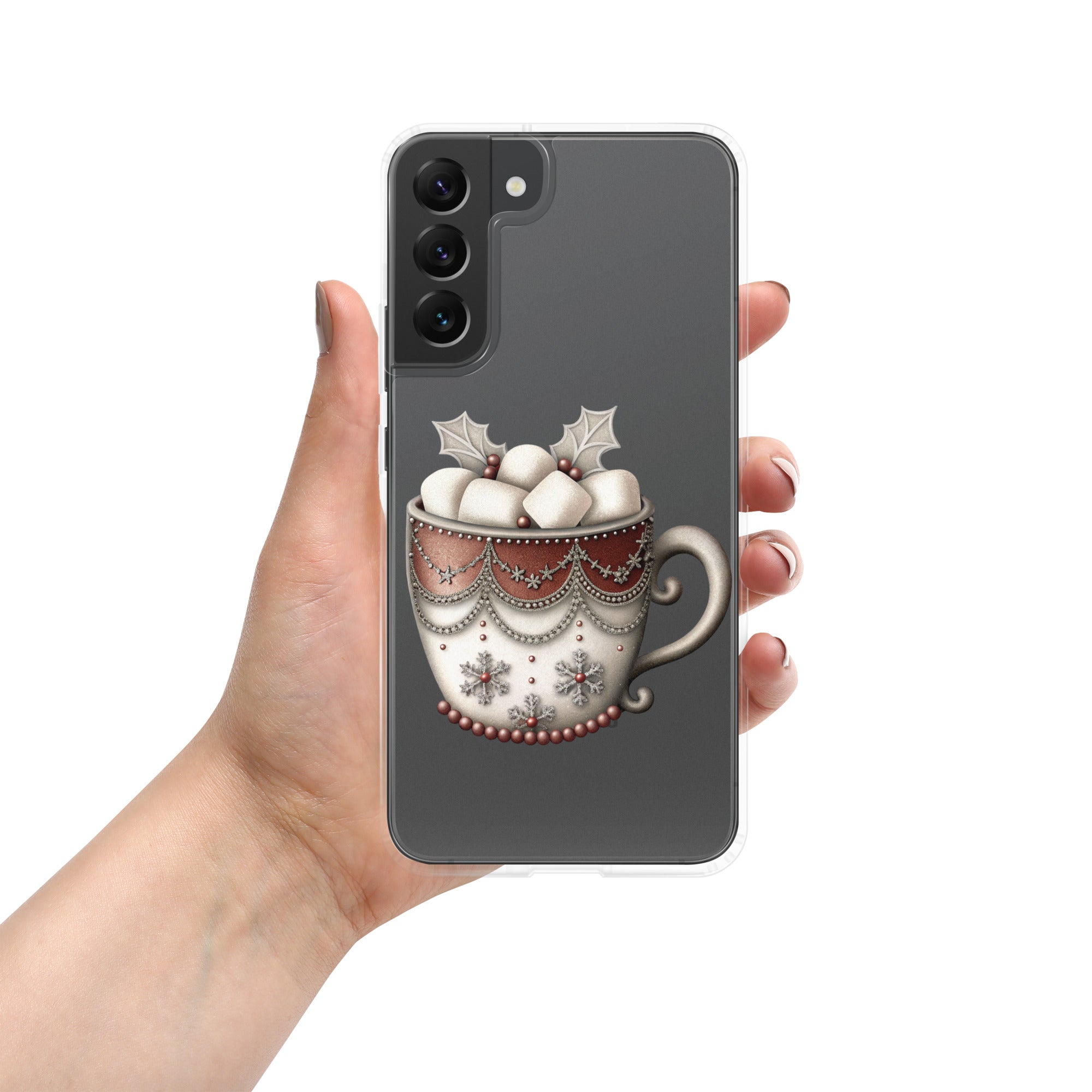 Festive Winter Mug Clear Case for Samsung Galaxy S22 Plus – Cozy Holiday Hot Cocoa Protective Cover