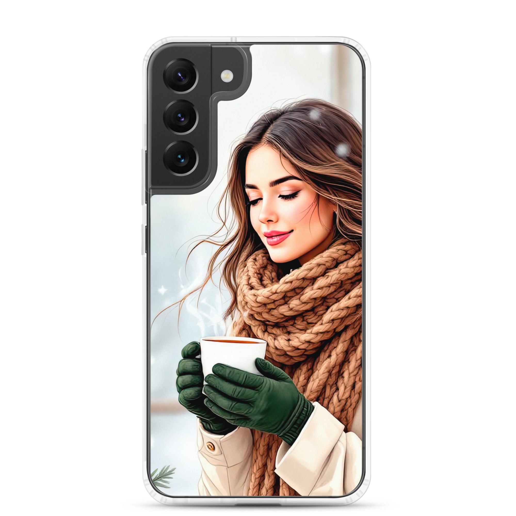 Winter Coffee Moment Clear Case for Samsung Galaxy S22 Plus – Cozy Portrait Protective Cover