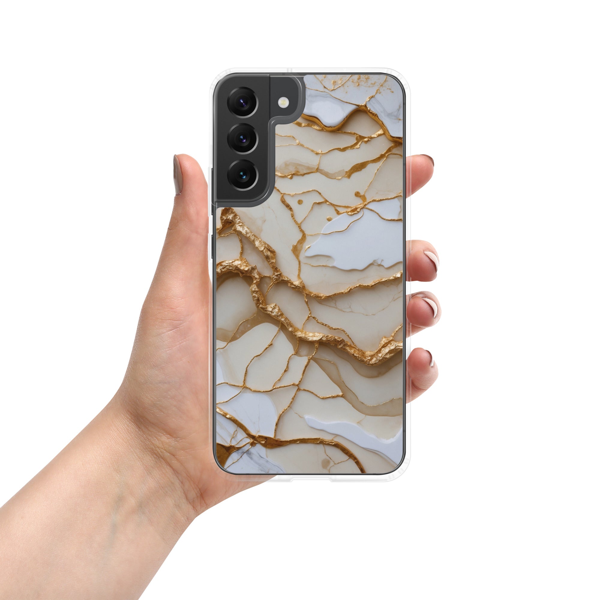 White Marble Gold Veins Clear Case for Samsung Galaxy S22 Plus – Elegant Stone Protective Cover