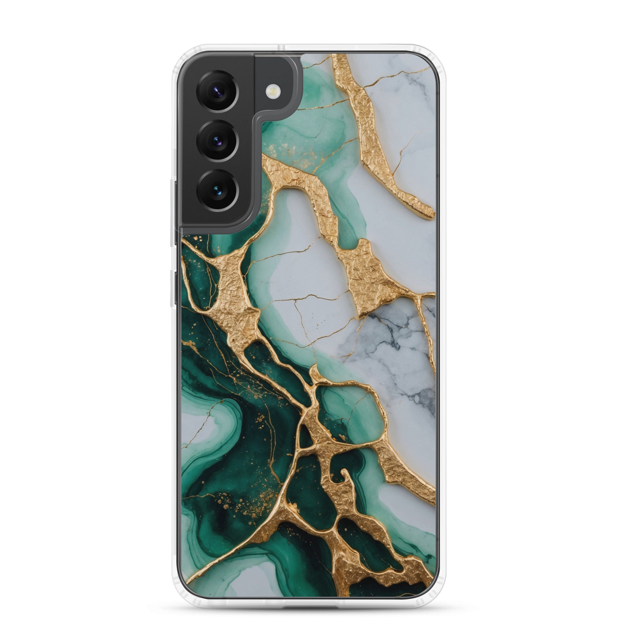 Emerald Green Marble Gold Veins Clear Case for Samsung Galaxy S22 Plus – Luxury Stone Protective Cover