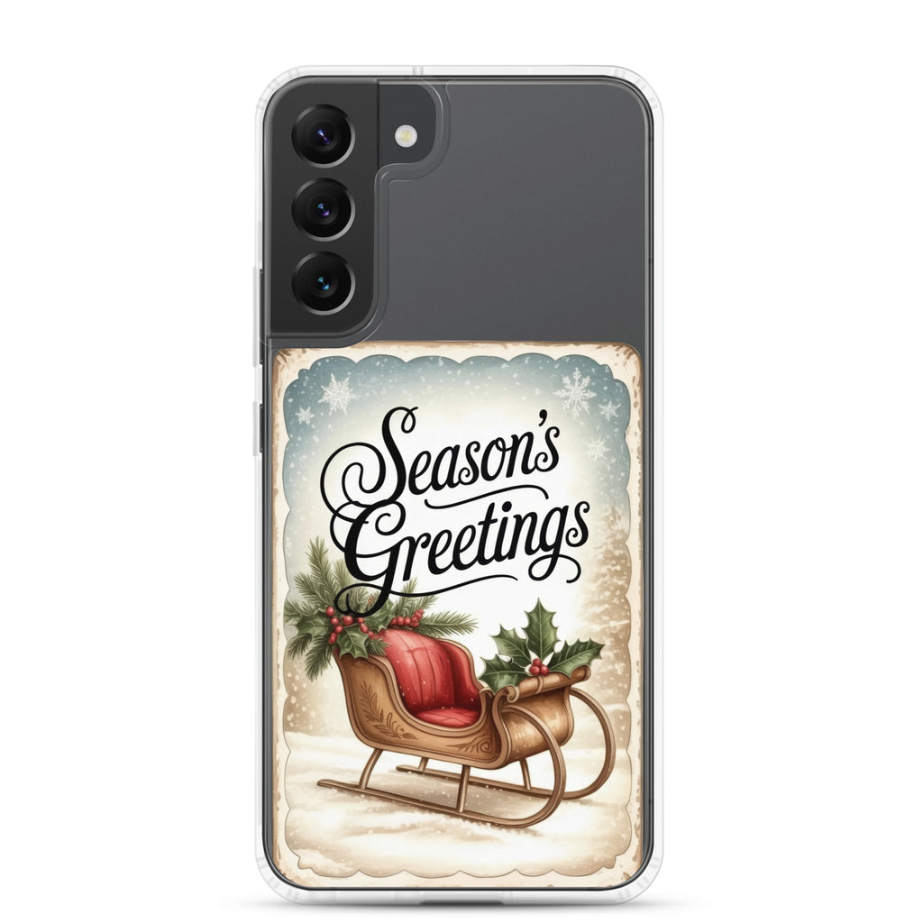 Season’s Greetings Sleigh Clear Case for Samsung Galaxy S22 Plus – Vintage Christmas Protective Cover