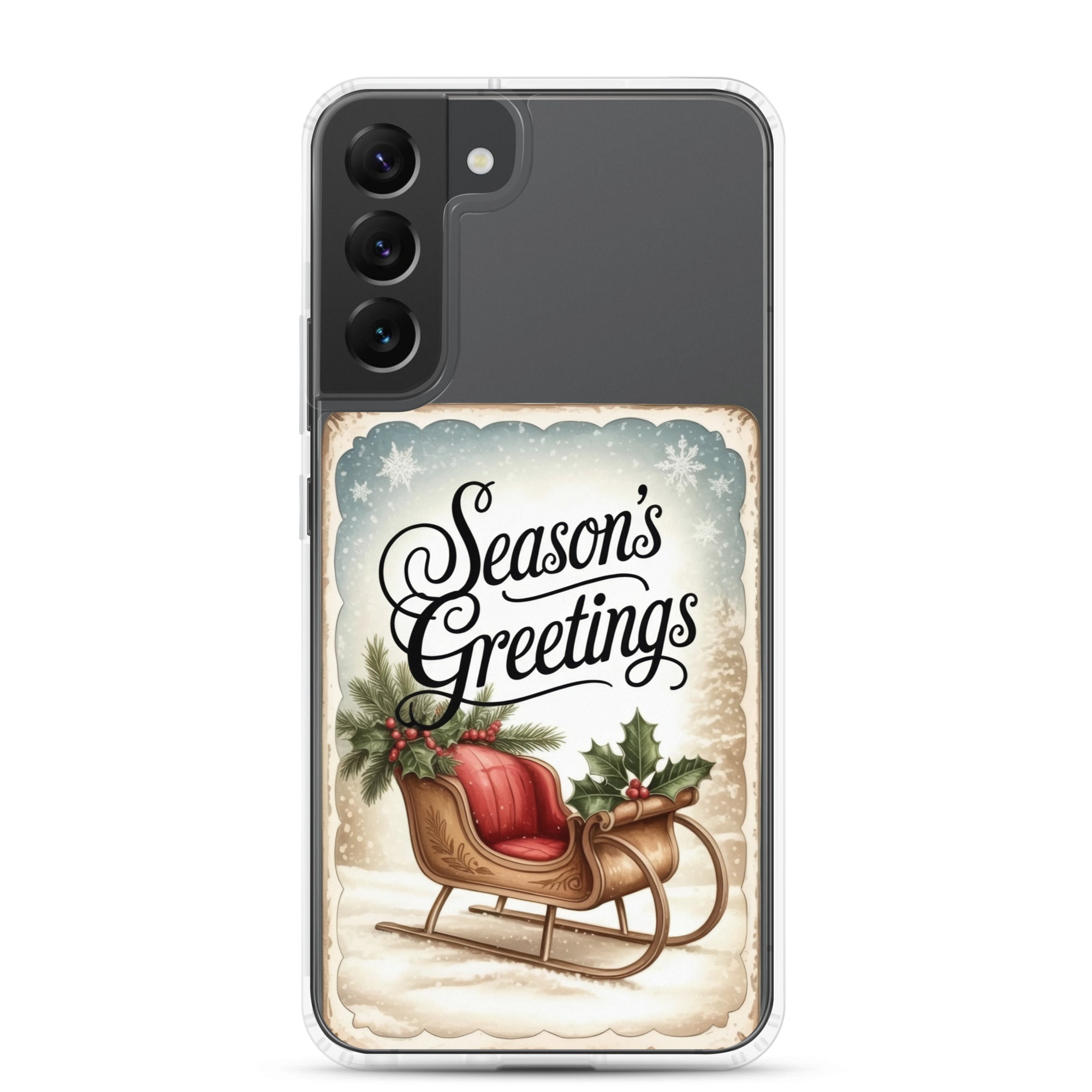 Season’s Greetings Sleigh Clear Case for Samsung Galaxy S22 Plus – Vintage Christmas Protective Cover