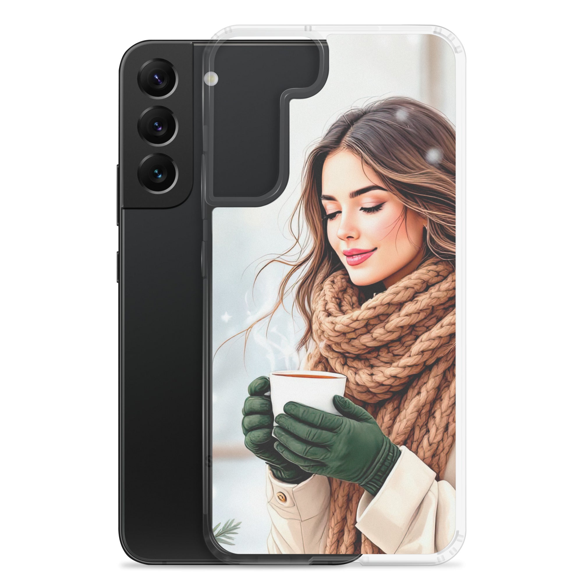 Winter Coffee Moment Clear Case for Samsung Galaxy S22 Plus – Cozy Portrait Protective Cover