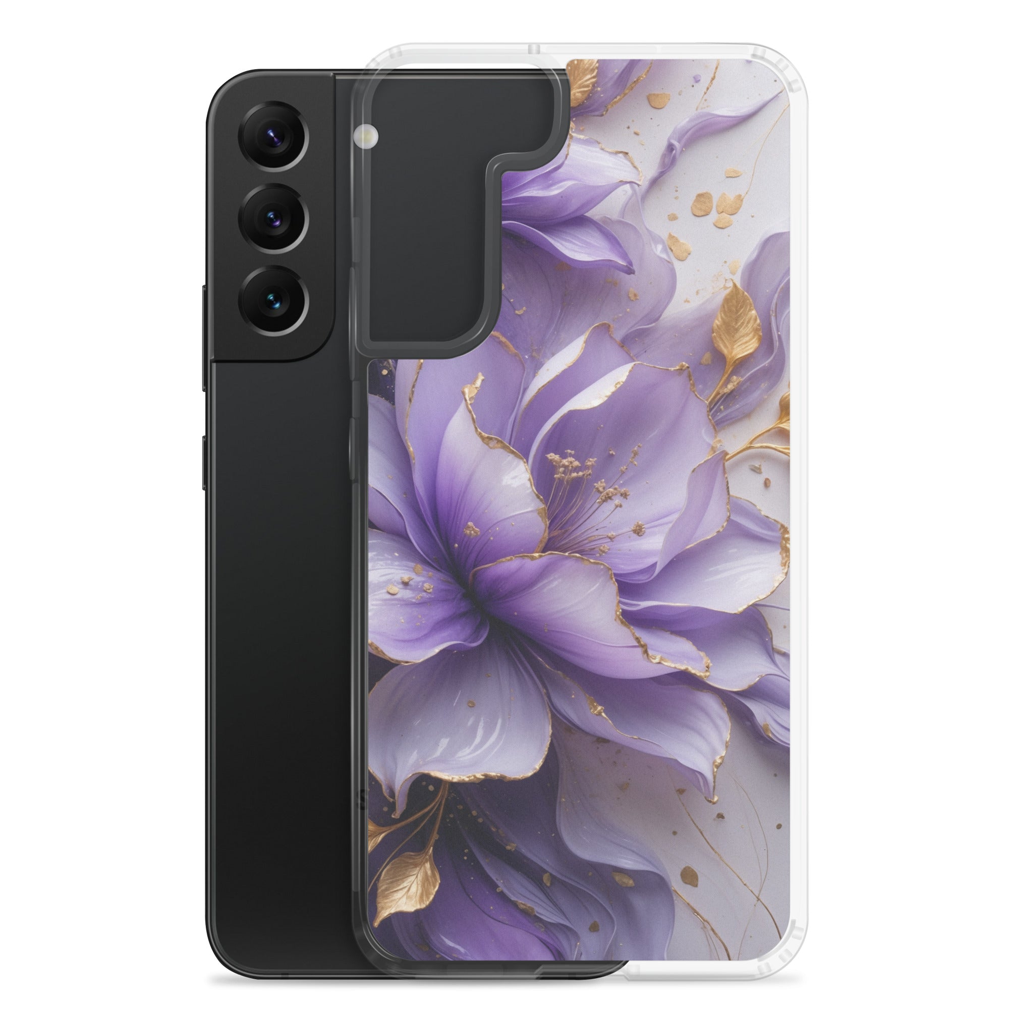 Purple Floral Gold Clear Case for Samsung Galaxy S22 Plus – Elegant Flower Protective Cover