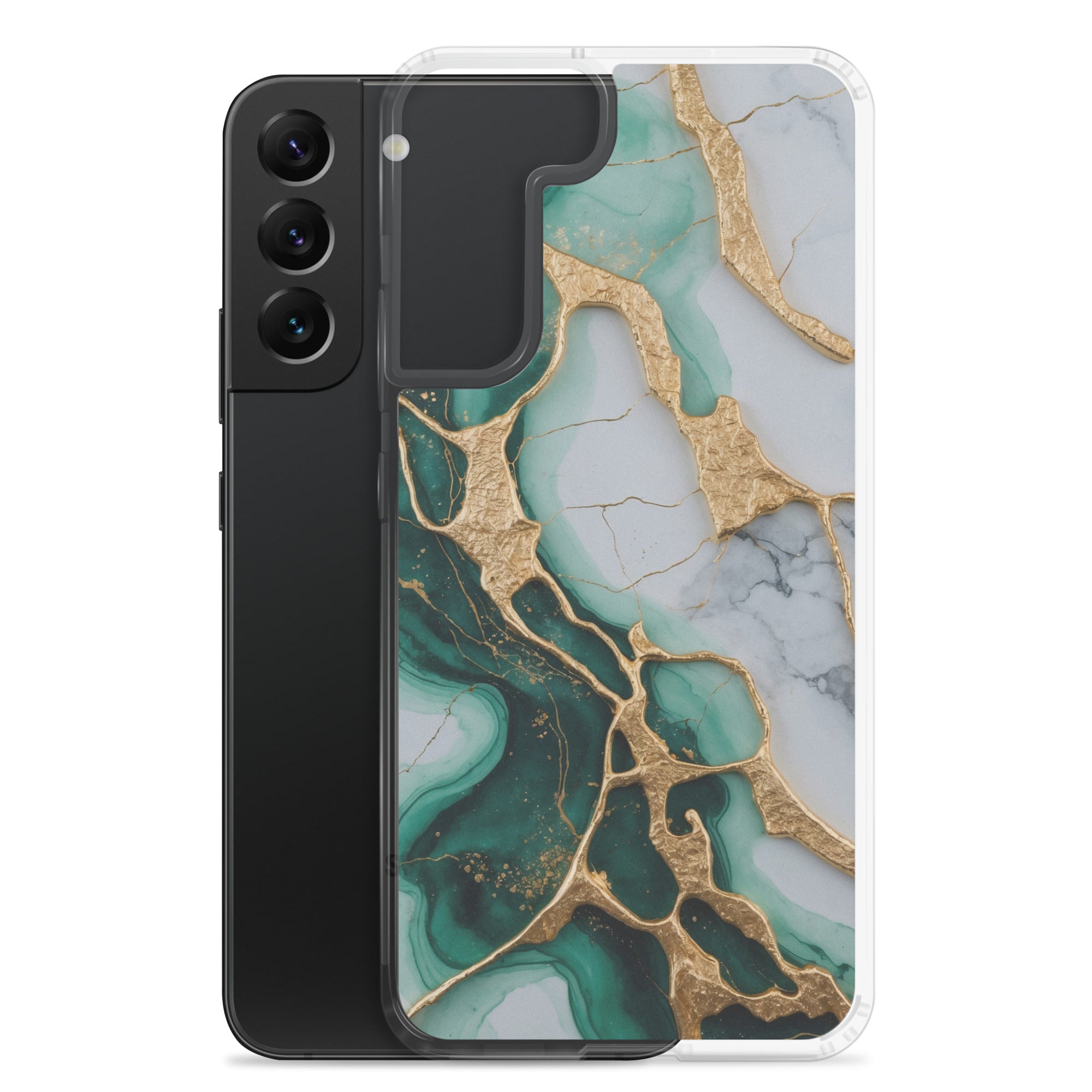 Emerald Green Marble Gold Veins Clear Case for Samsung Galaxy S22 Plus – Luxury Stone Protective Cover