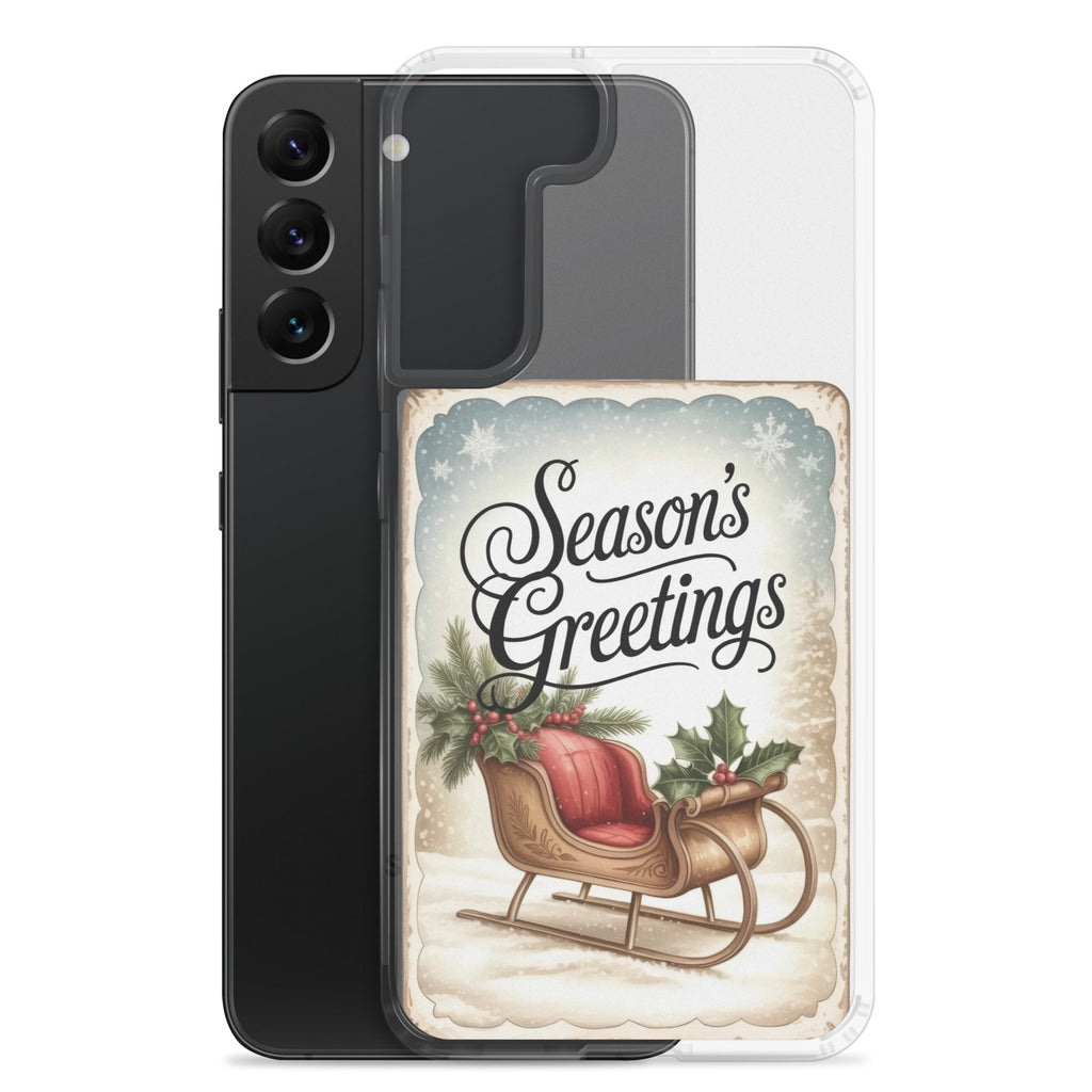 Season’s Greetings Sleigh Clear Case for Samsung Galaxy S22 Plus – Vintage Christmas Protective Cover