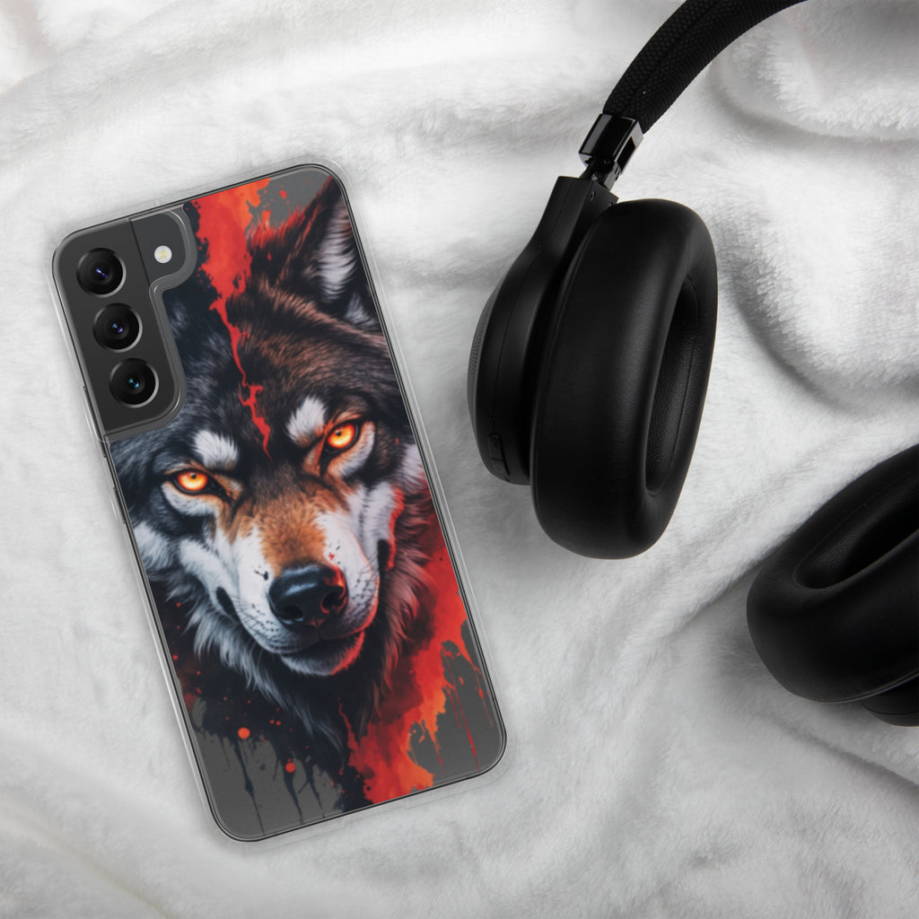 Fierce Wolf Portrait Clear Case for Samsung Galaxy S22 Plus – Dark Animal Art Protective Cover