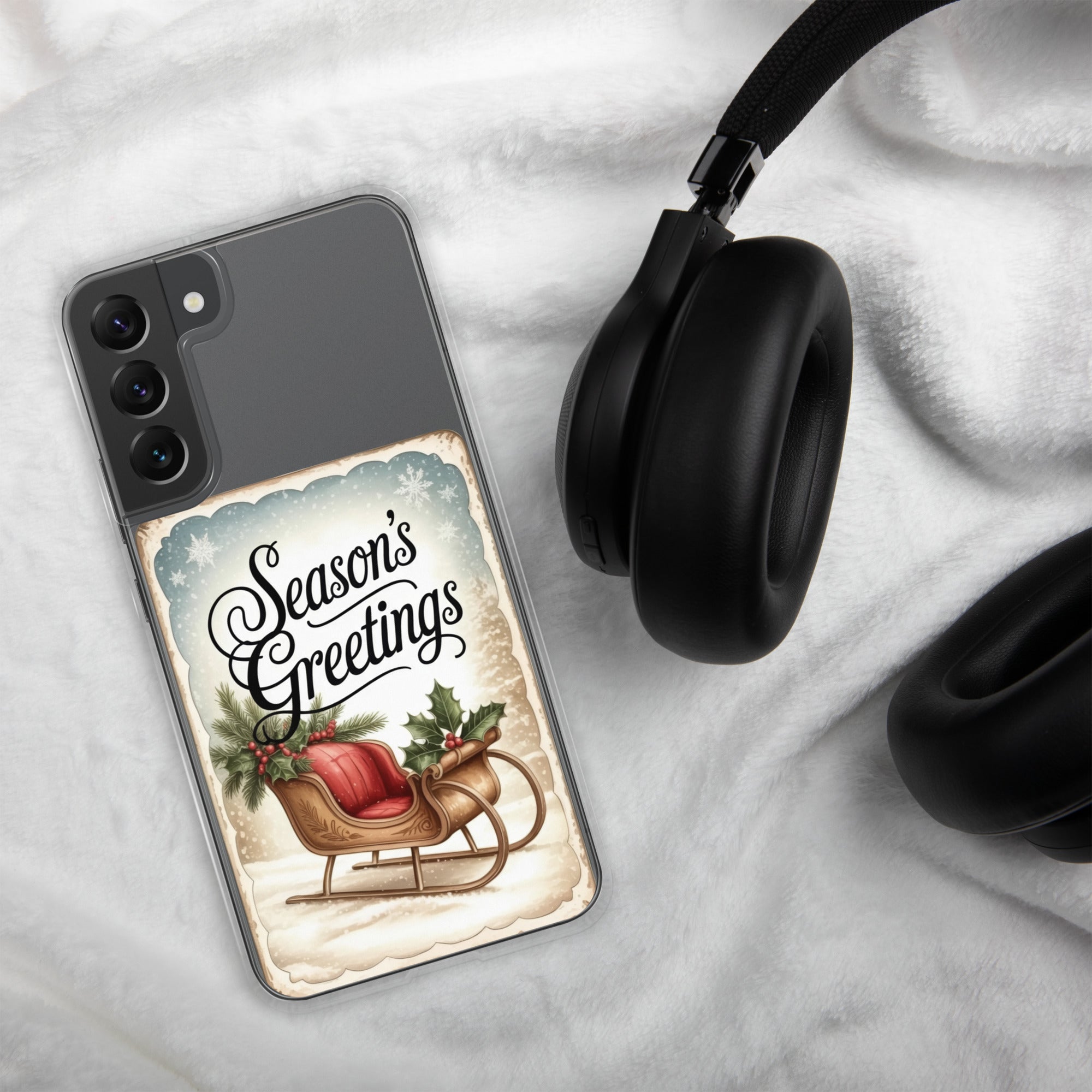 Season’s Greetings Sleigh Clear Case for Samsung Galaxy S22 Plus – Vintage Christmas Protective Cover
