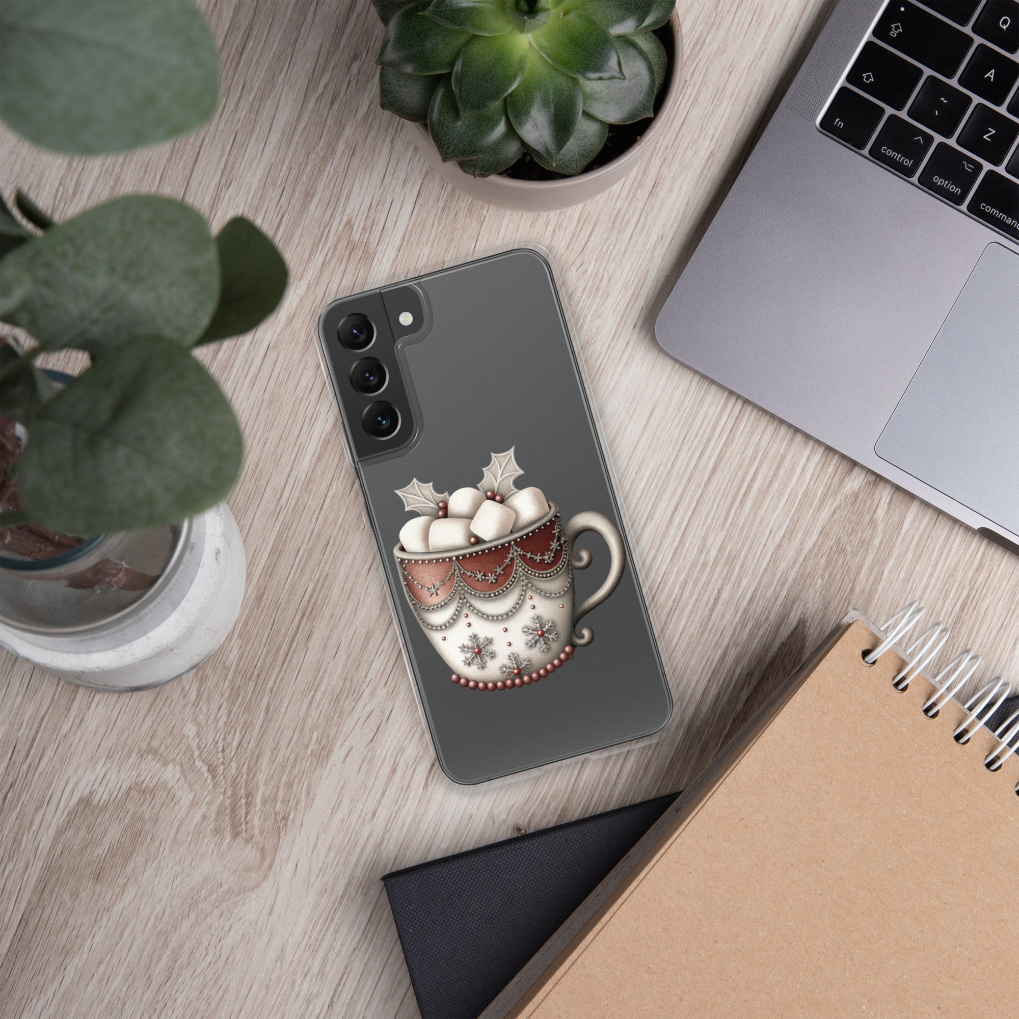 Festive Winter Mug Clear Case for Samsung Galaxy S22 Plus – Cozy Holiday Hot Cocoa Protective Cover