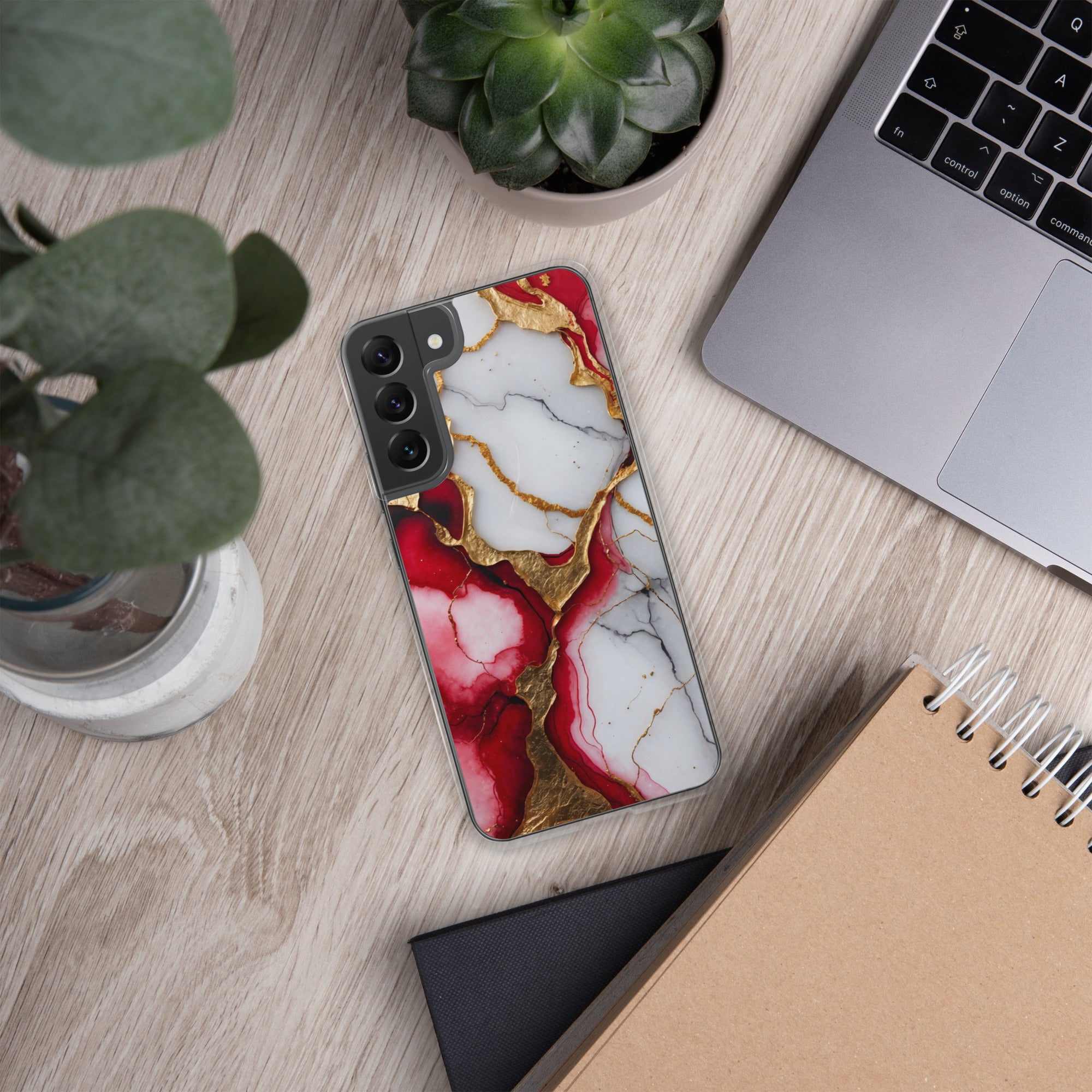 Red Marble Gold Veins Clear Case for Samsung Galaxy S22 Plus – Luxury Abstract Protective Cover