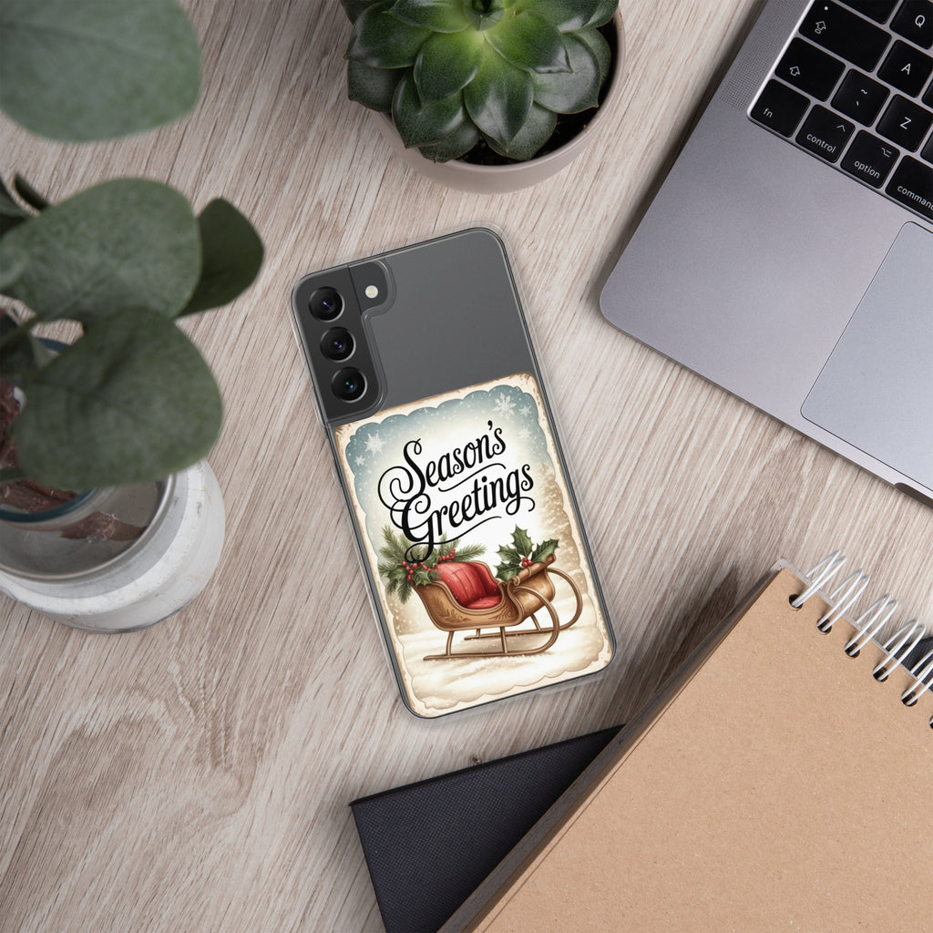 Season’s Greetings Sleigh Clear Case for Samsung Galaxy S22 Plus – Vintage Christmas Protective Cover