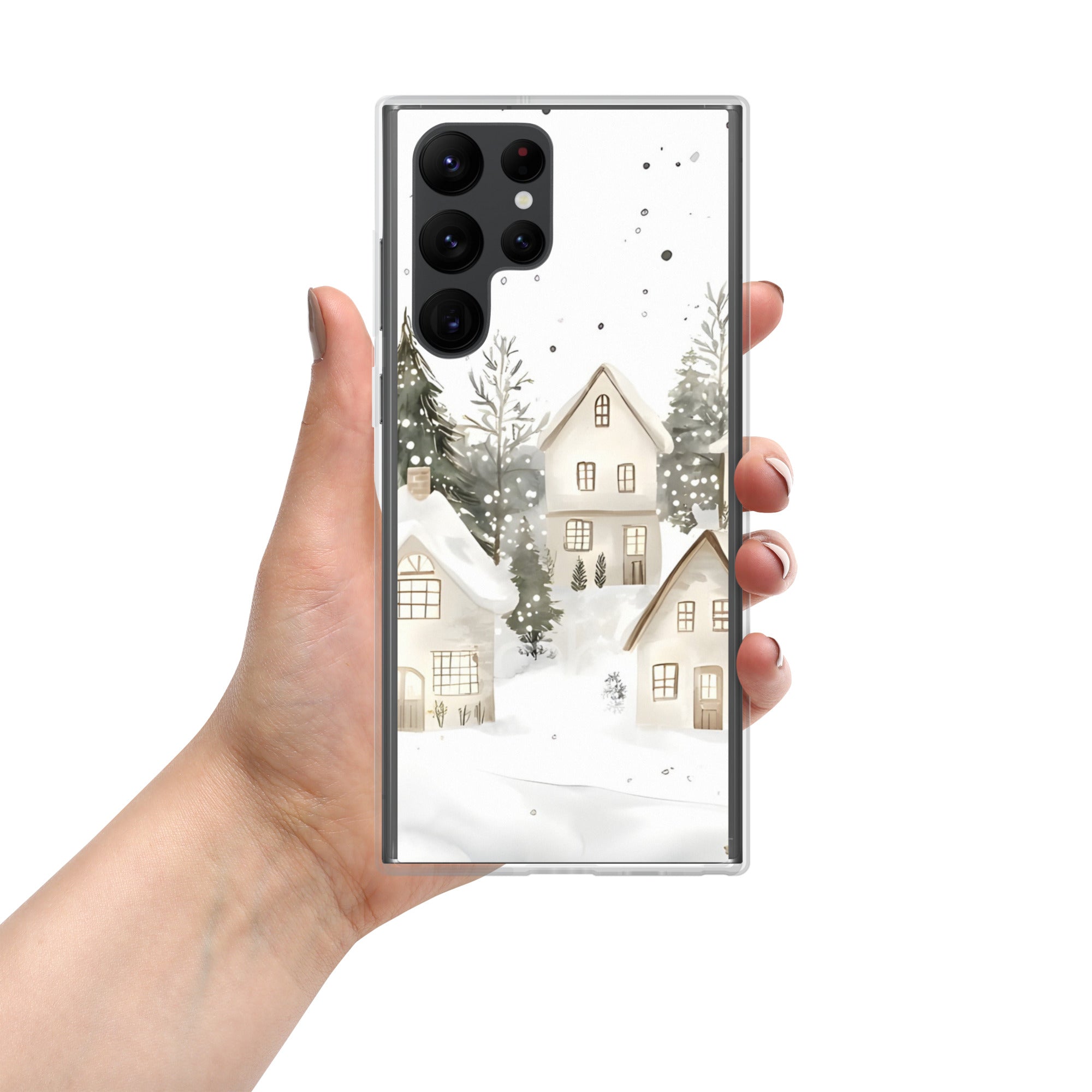 Snowy Winter Village Clear Case for Samsung Galaxy S22 Ultra – Cozy Holiday Protective Cover