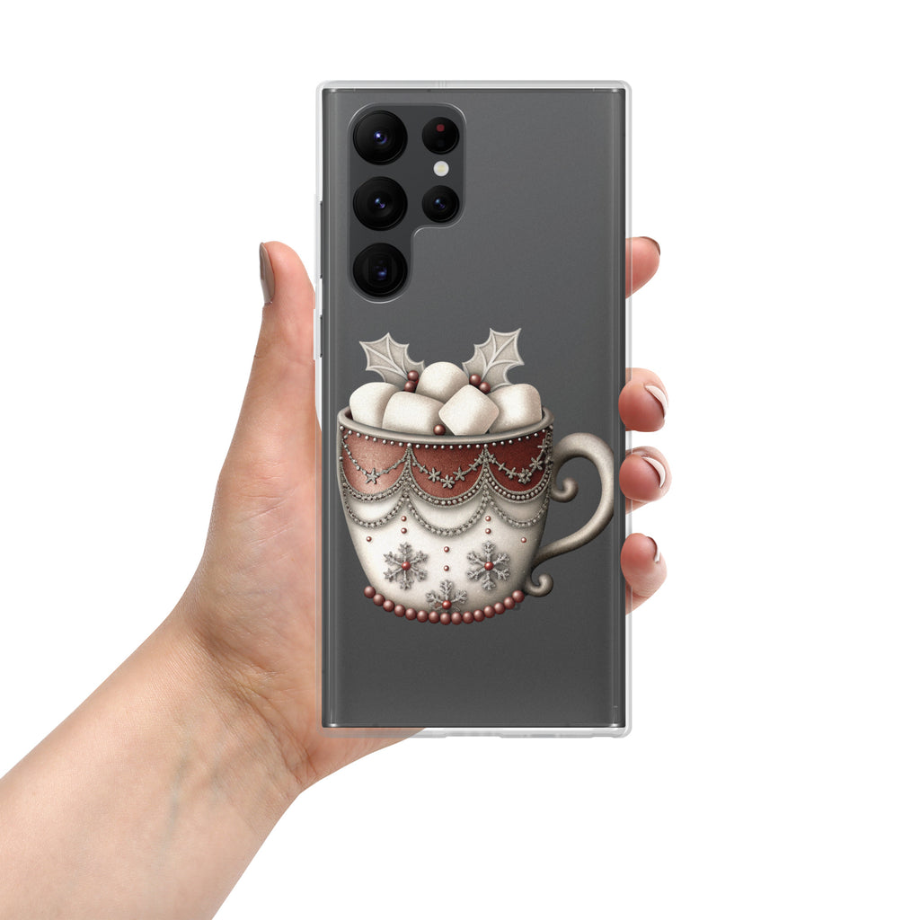 Festive Winter Mug Clear Case for Samsung Galaxy S22 Ultra – Cozy Holiday Hot Cocoa Protective Cover