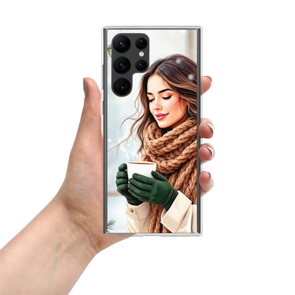 Winter Coffee Moment Clear Case for Samsung Galaxy S22 Ultra – Cozy Portrait Protective Cover