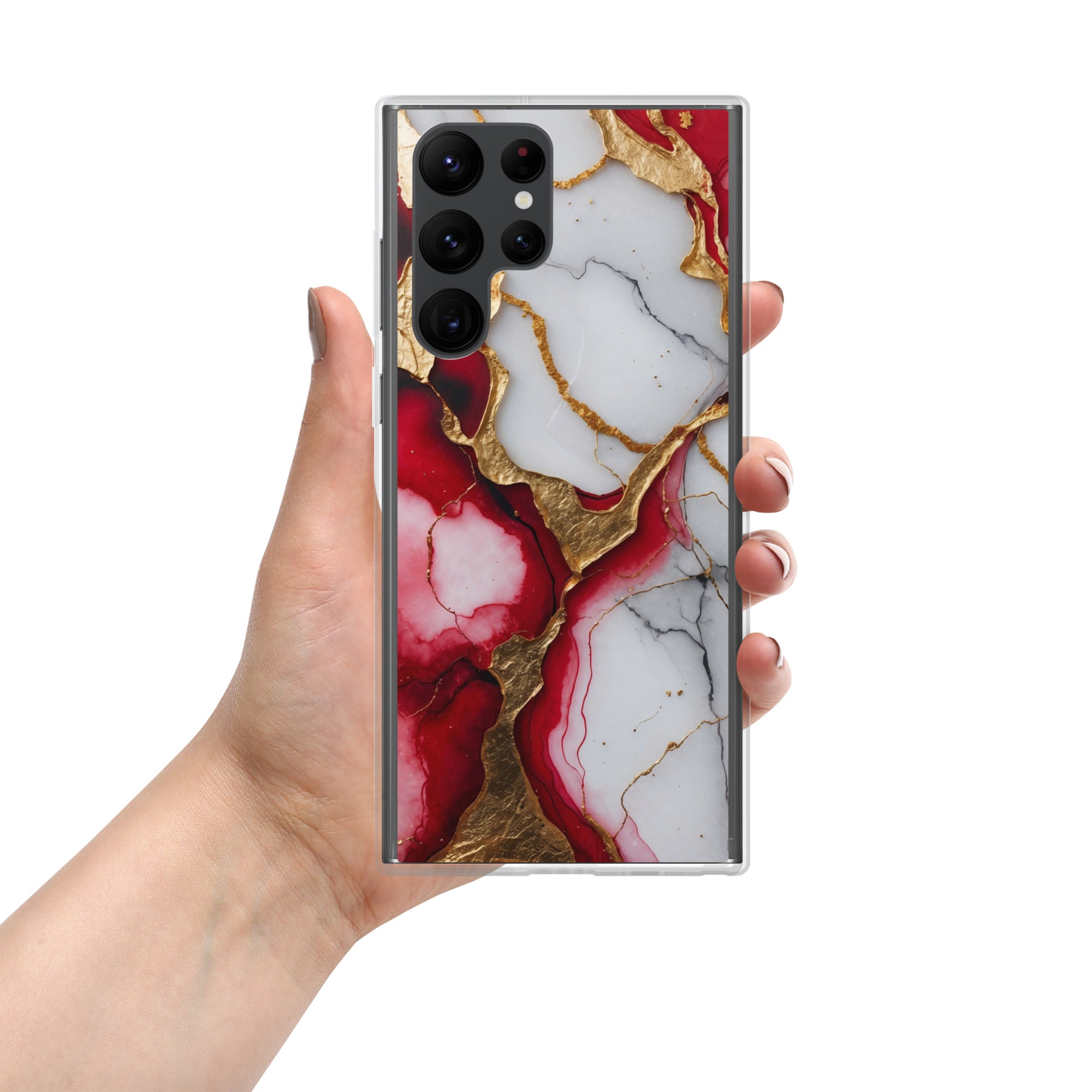 Red Marble Gold Veins Clear Case for Samsung Galaxy S22 Ultra – Luxury Abstract Protective Cover