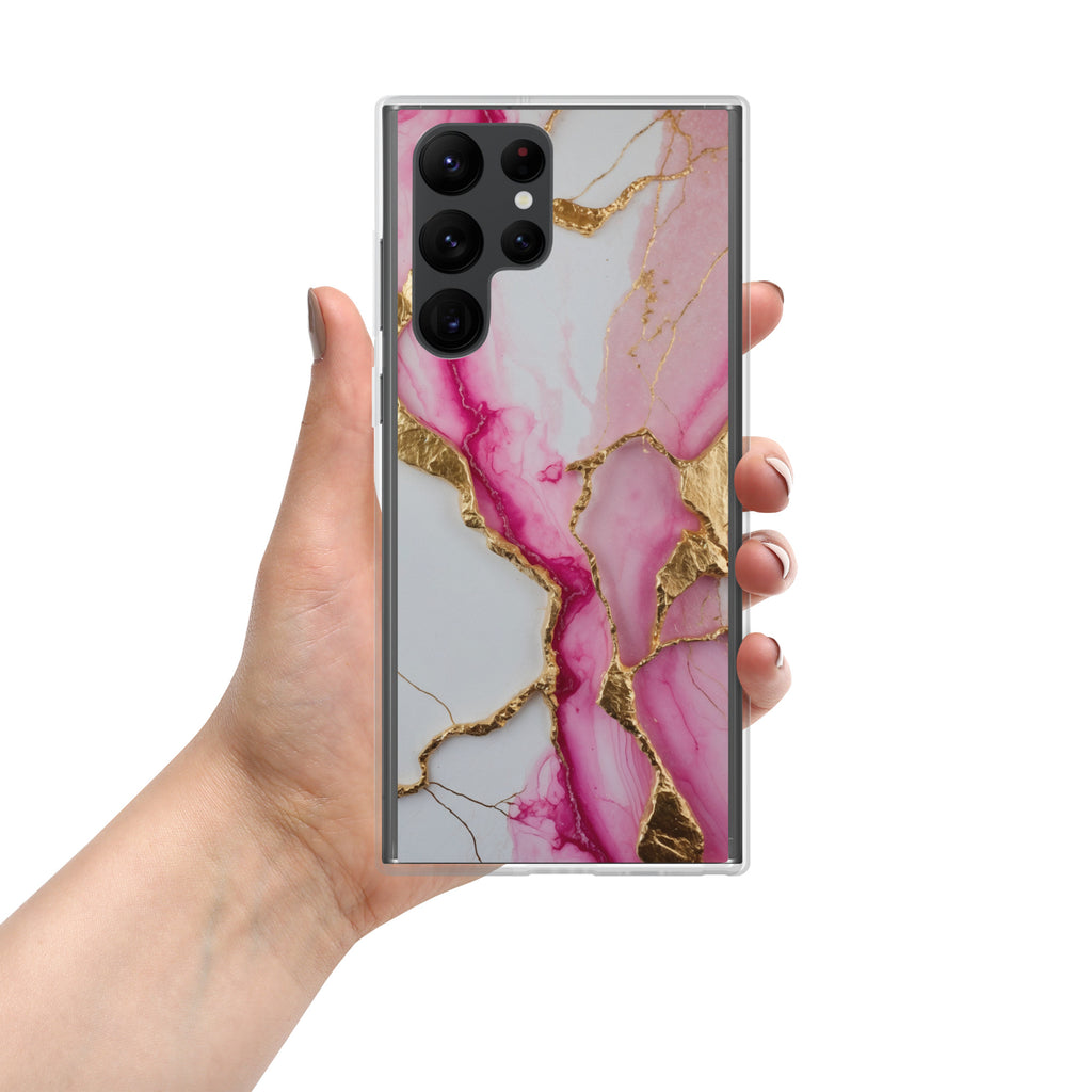 Pink Marble Gold Veins Clear Case for Samsung Galaxy S22 Ultra – Elegant Stone Protective Cover