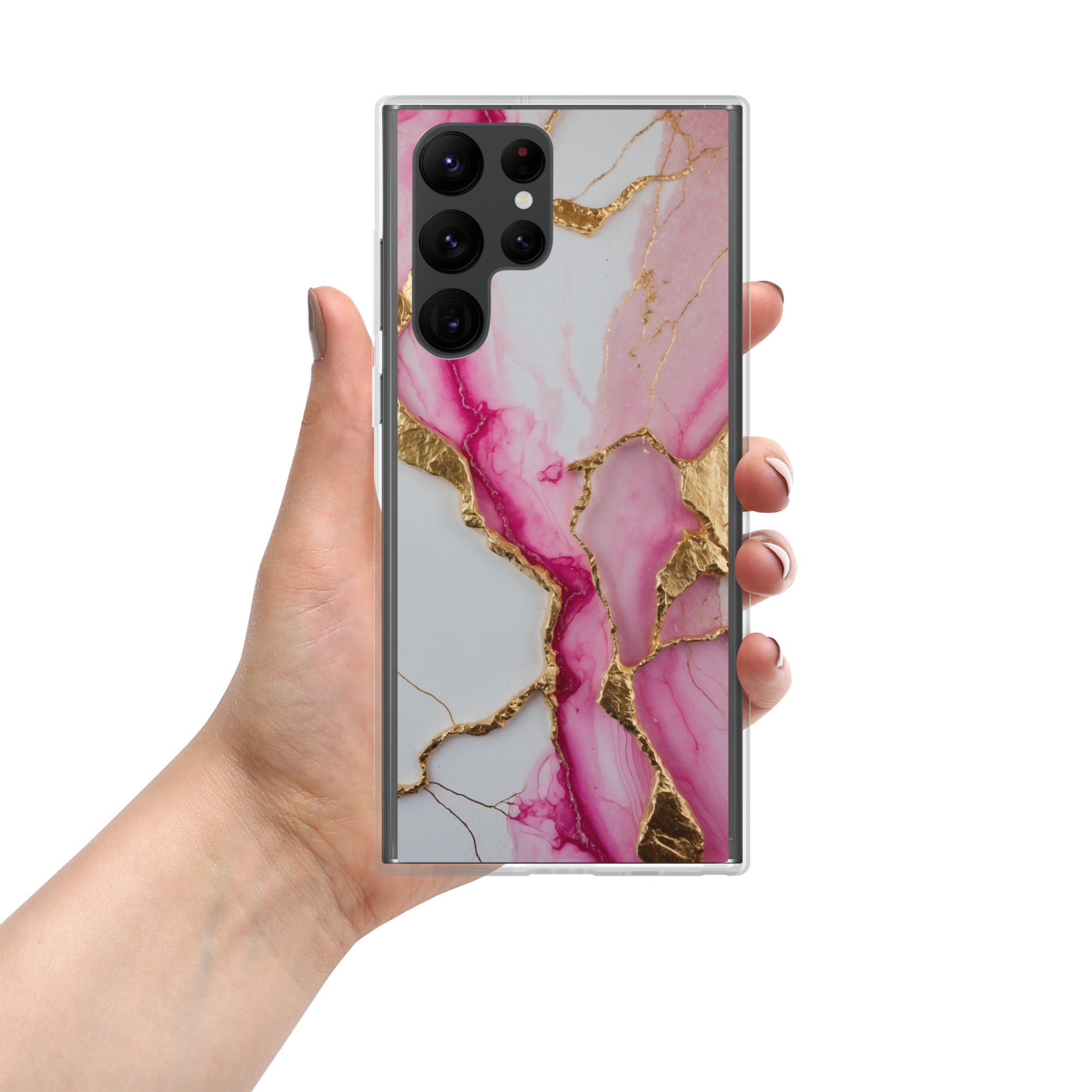 Pink Marble Gold Veins Clear Case for Samsung Galaxy S22 Ultra – Elegant Stone Protective Cover
