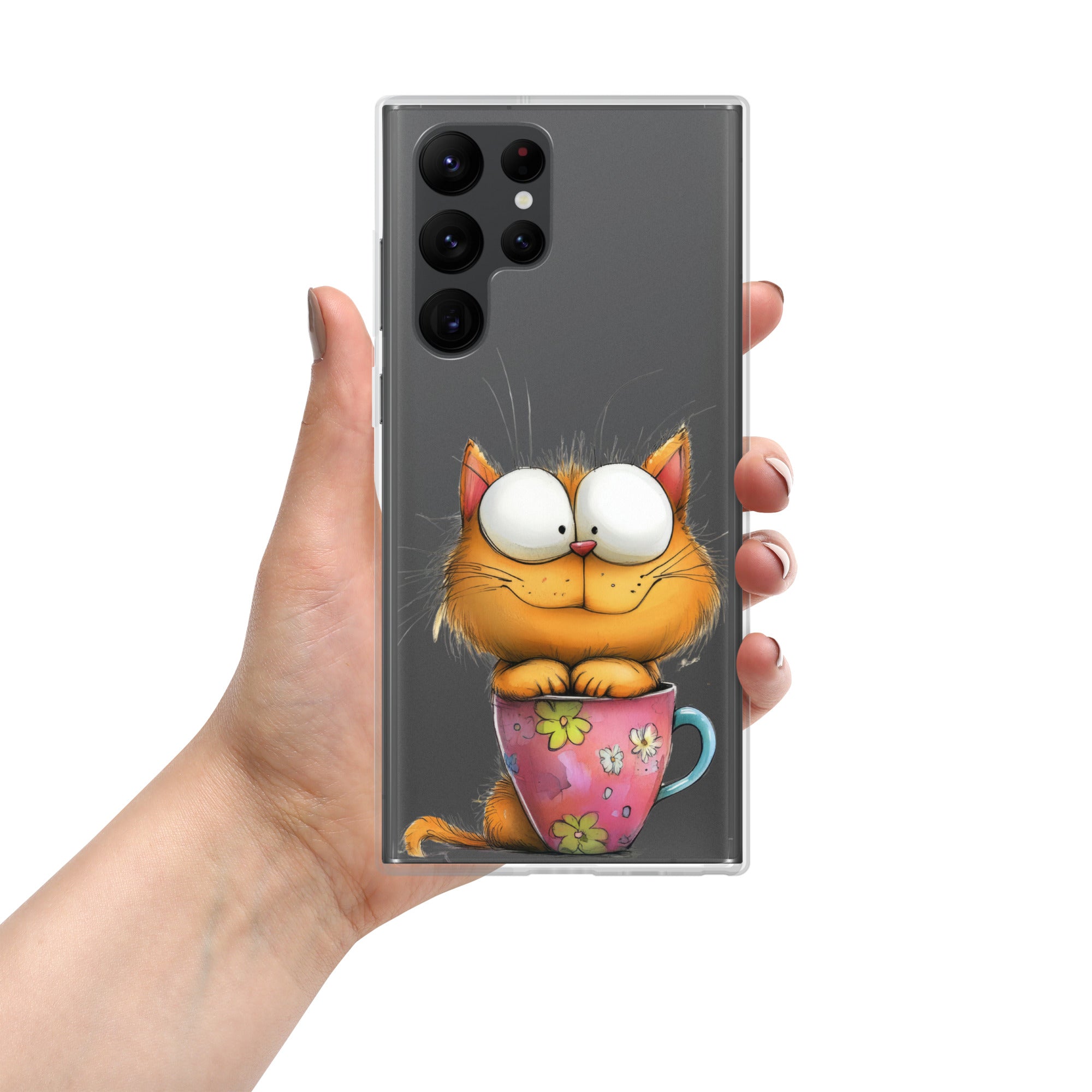 Cute Cat in a Cup Clear Case for Samsung Galaxy S22 Ultra – Playful Illustrated Protective Cover