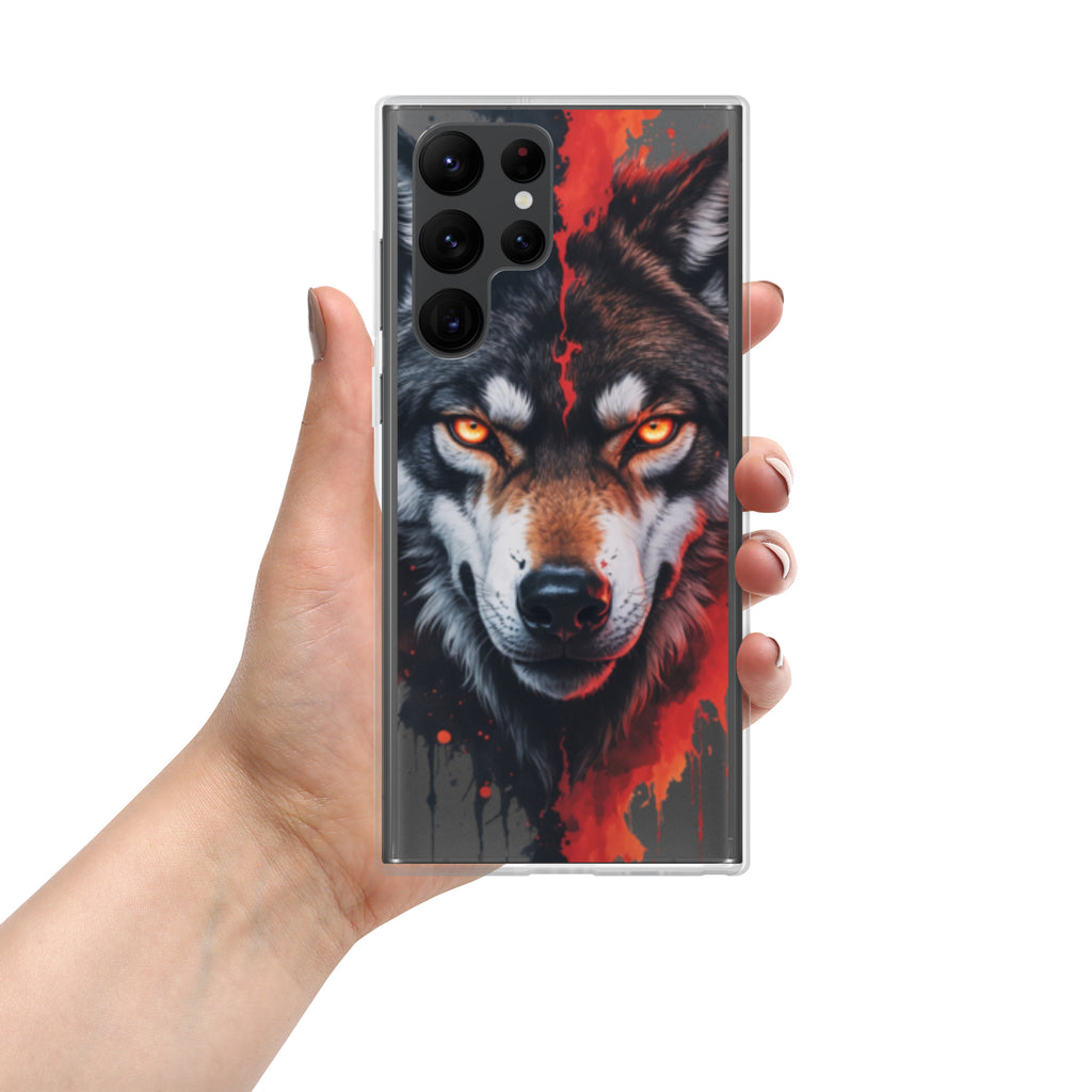 Fierce Wolf Portrait Clear Case for Samsung Galaxy S22 Ultra – Dark Animal Art Protective Cover