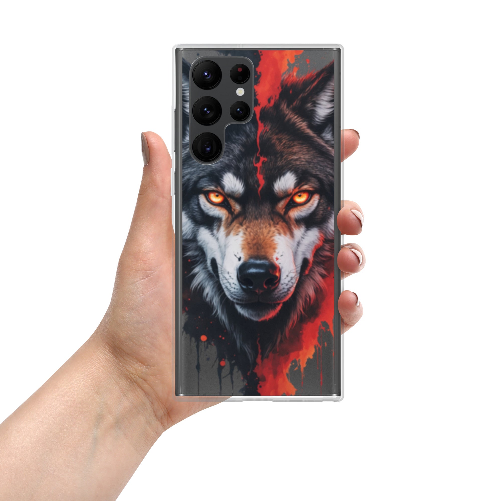 Fierce Wolf Portrait Clear Case for Samsung Galaxy S22 Ultra – Dark Animal Art Protective Cover