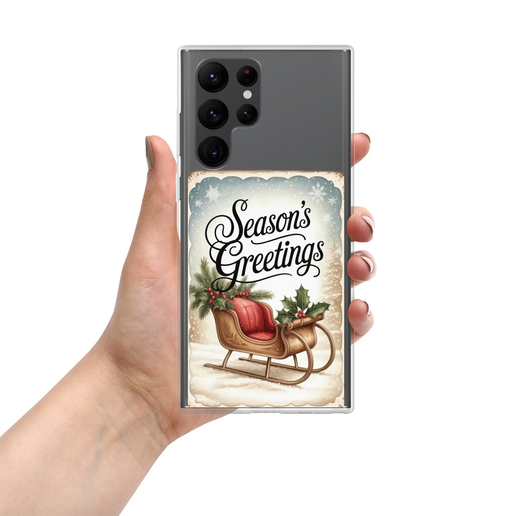 Season’s Greetings Sleigh Clear Case for Samsung Galaxy S22 Ultra – Vintage Christmas Protective Cover