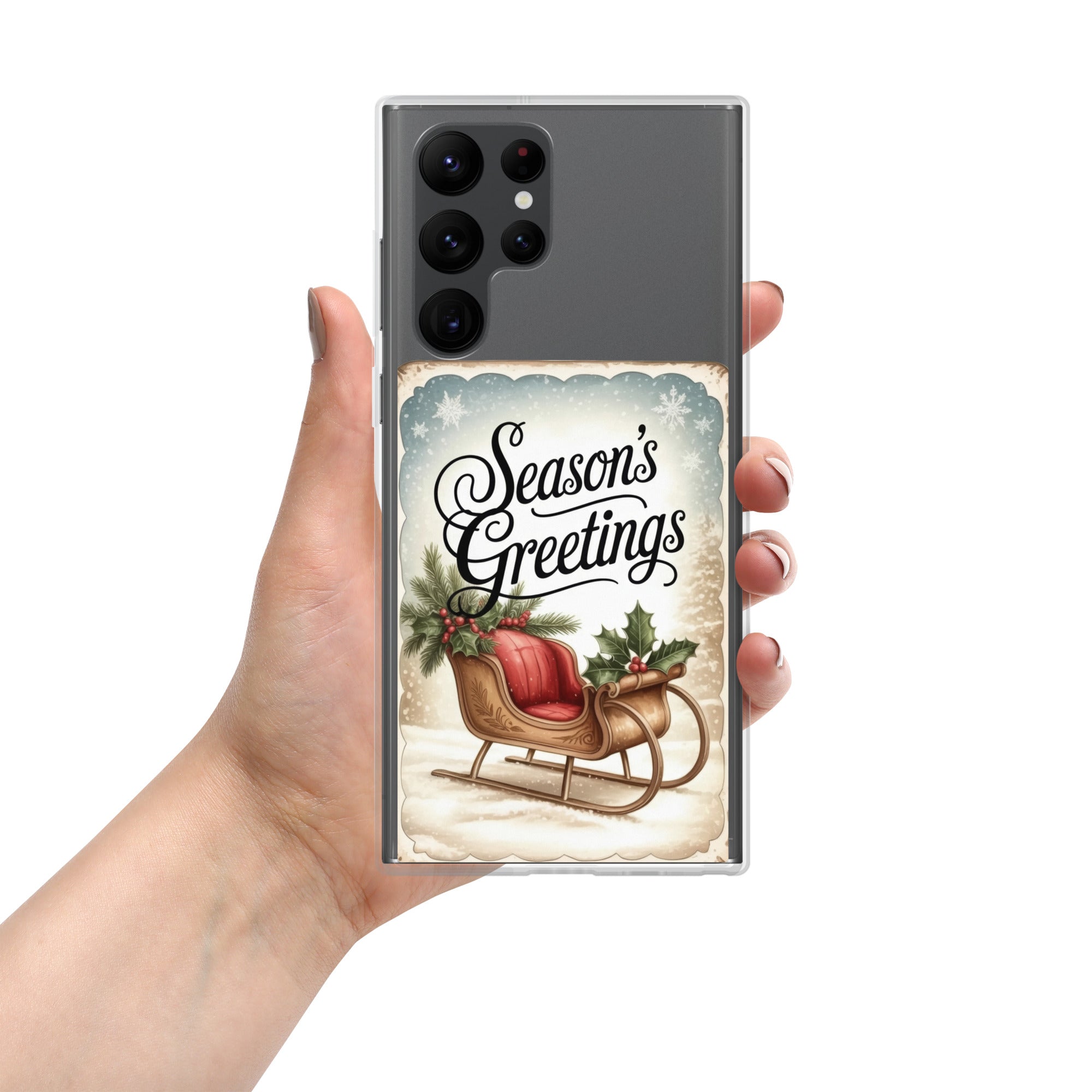 Season’s Greetings Sleigh Clear Case for Samsung Galaxy S22 Ultra – Vintage Christmas Protective Cover