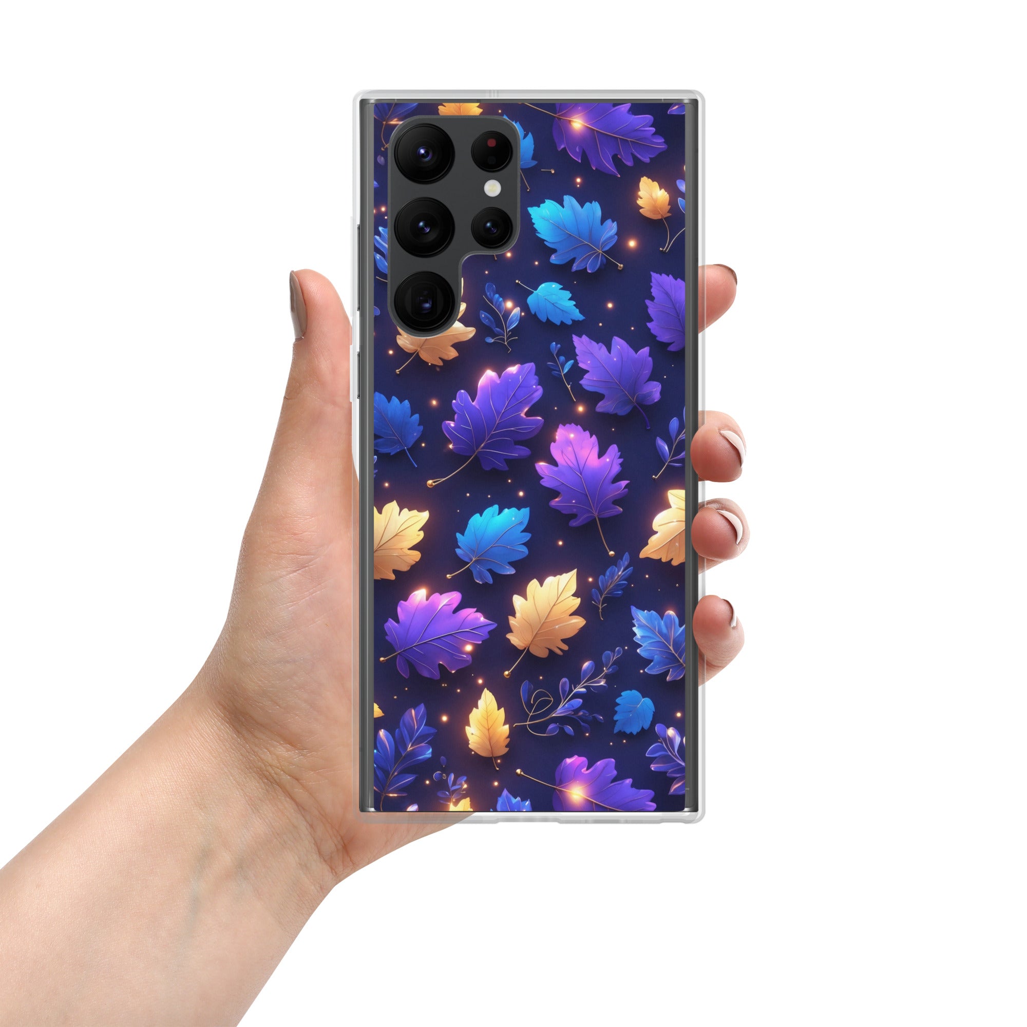 Glowing Autumn Leaves Clear Case for Samsung Galaxy S22 Ultra – Colorful Night Nature Protective Cover