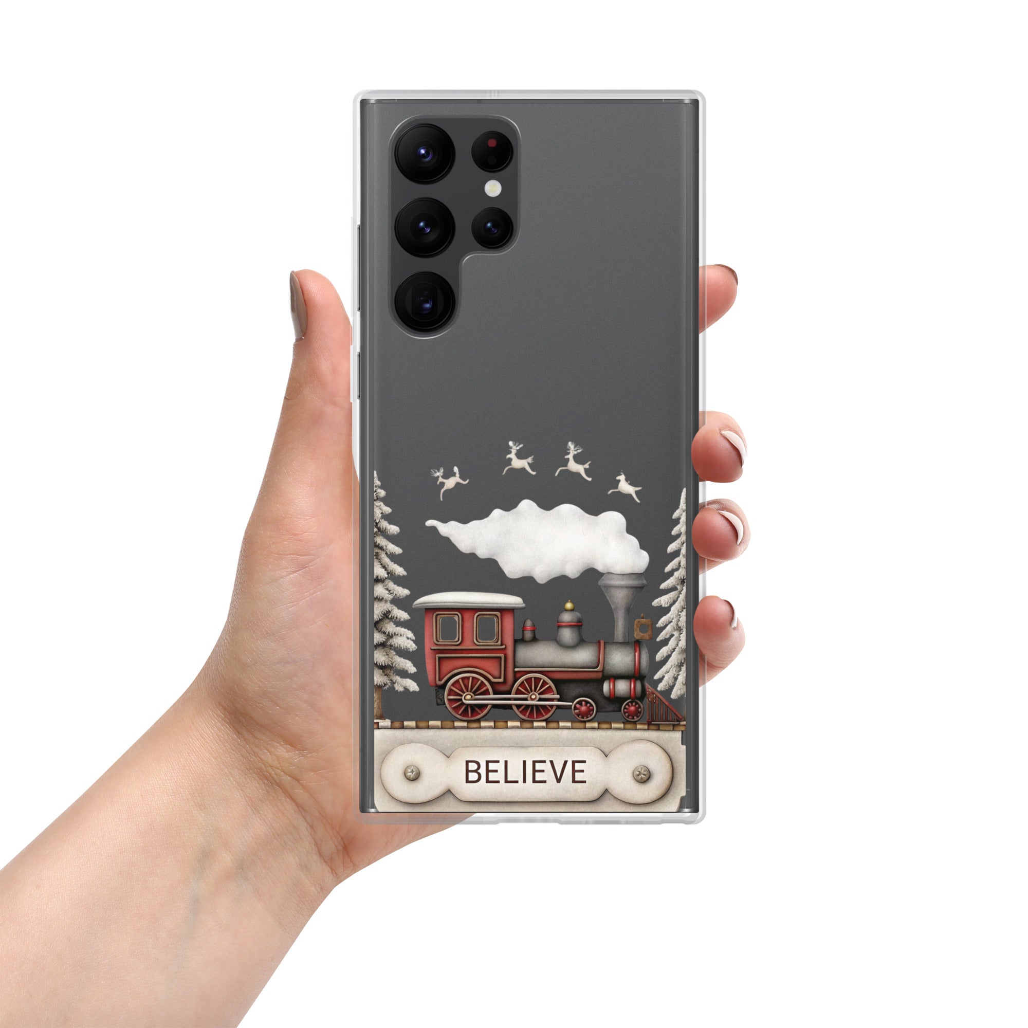 Believe Winter Train Clear Case for Samsung Galaxy S22 Ultra – Minimal Christmas Protective Cover
