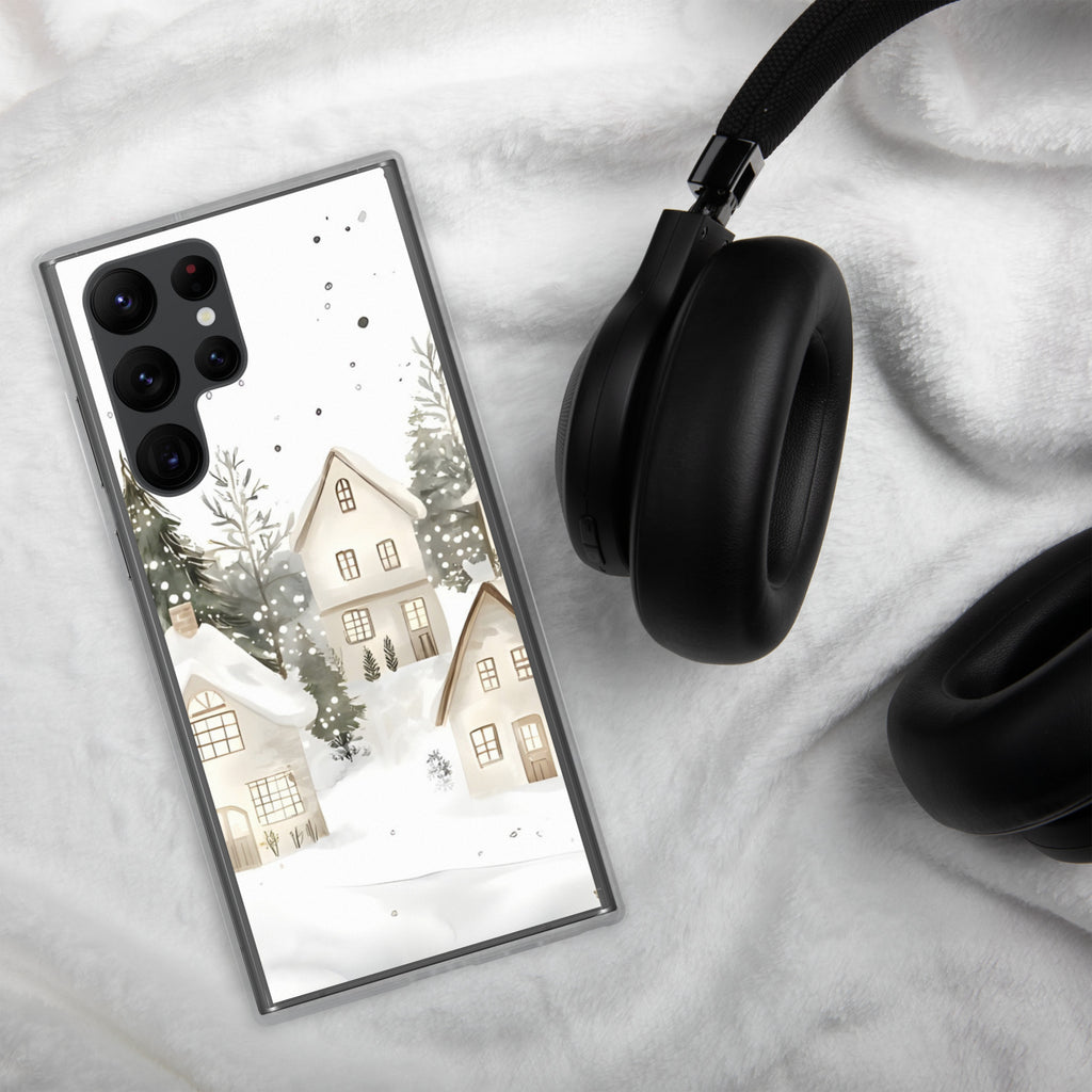 Snowy Winter Village Clear Case for Samsung Galaxy S22 Ultra – Cozy Holiday Protective Cover
