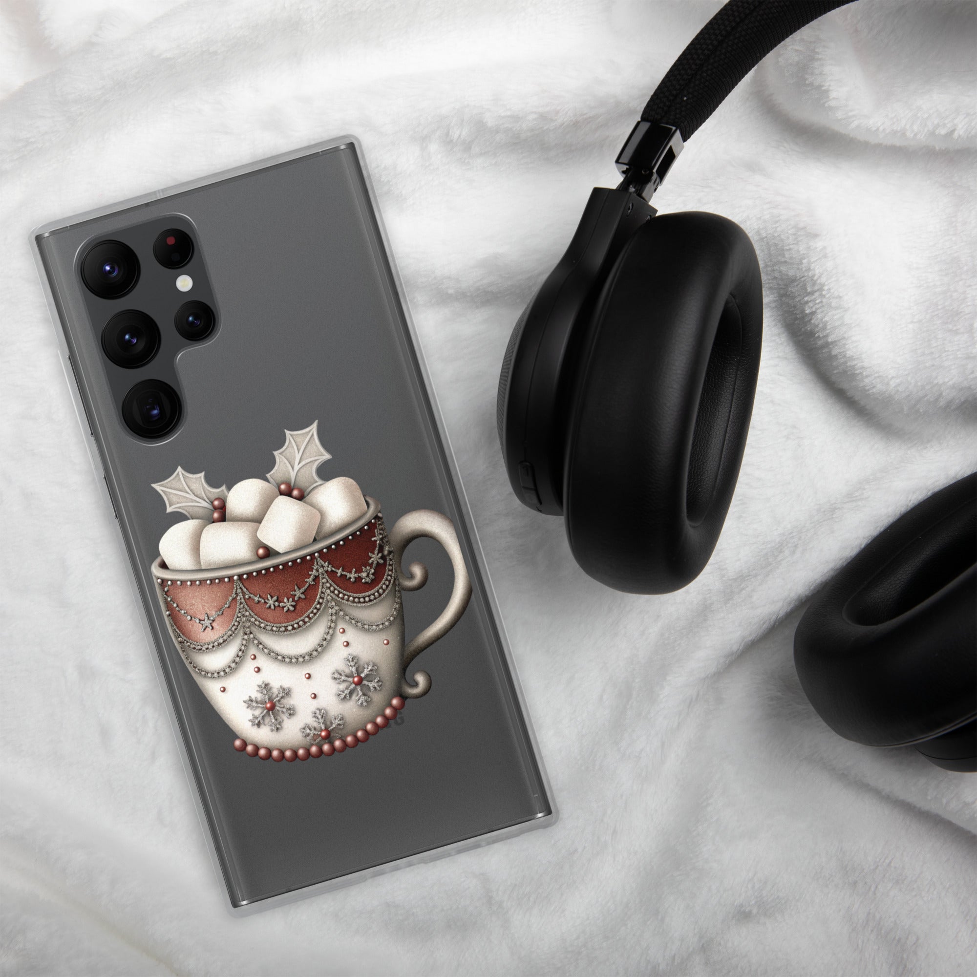 Festive Winter Mug Clear Case for Samsung Galaxy S22 Ultra – Cozy Holiday Hot Cocoa Protective Cover