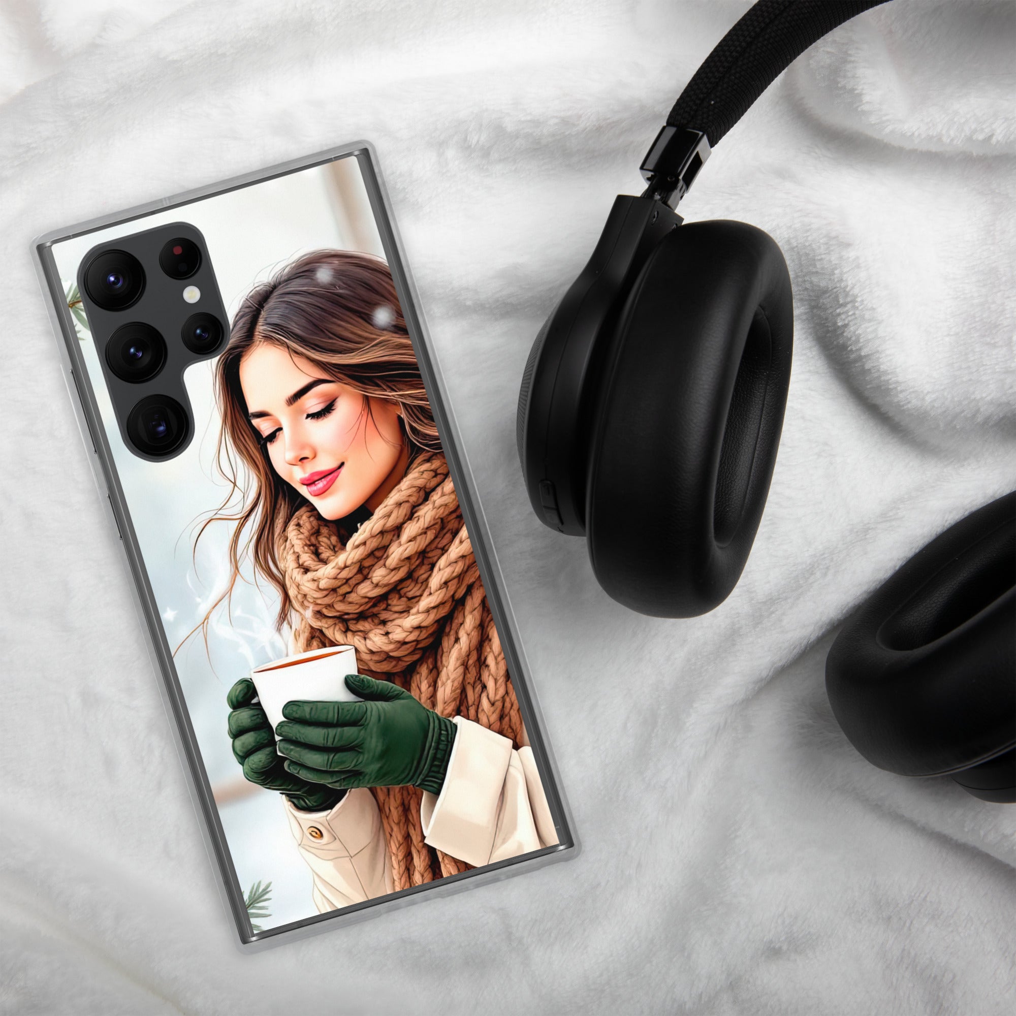 Winter Coffee Moment Clear Case for Samsung Galaxy S22 Ultra – Cozy Portrait Protective Cover
