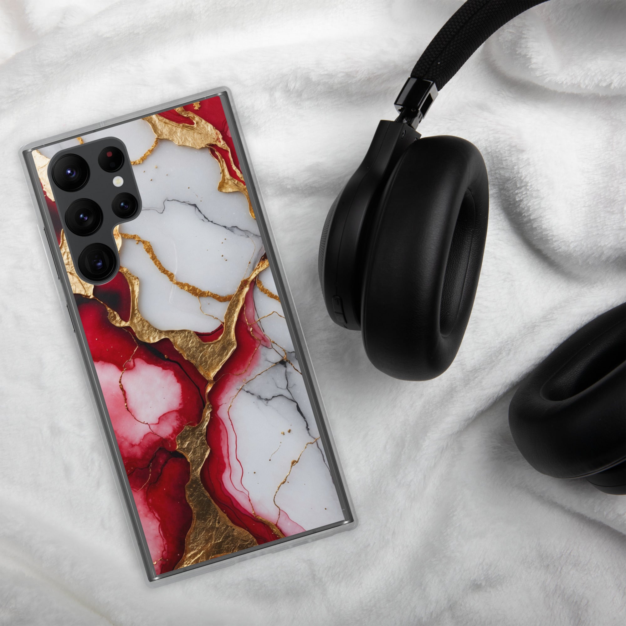 Red Marble Gold Veins Clear Case for Samsung Galaxy S22 Ultra – Luxury Abstract Protective Cover
